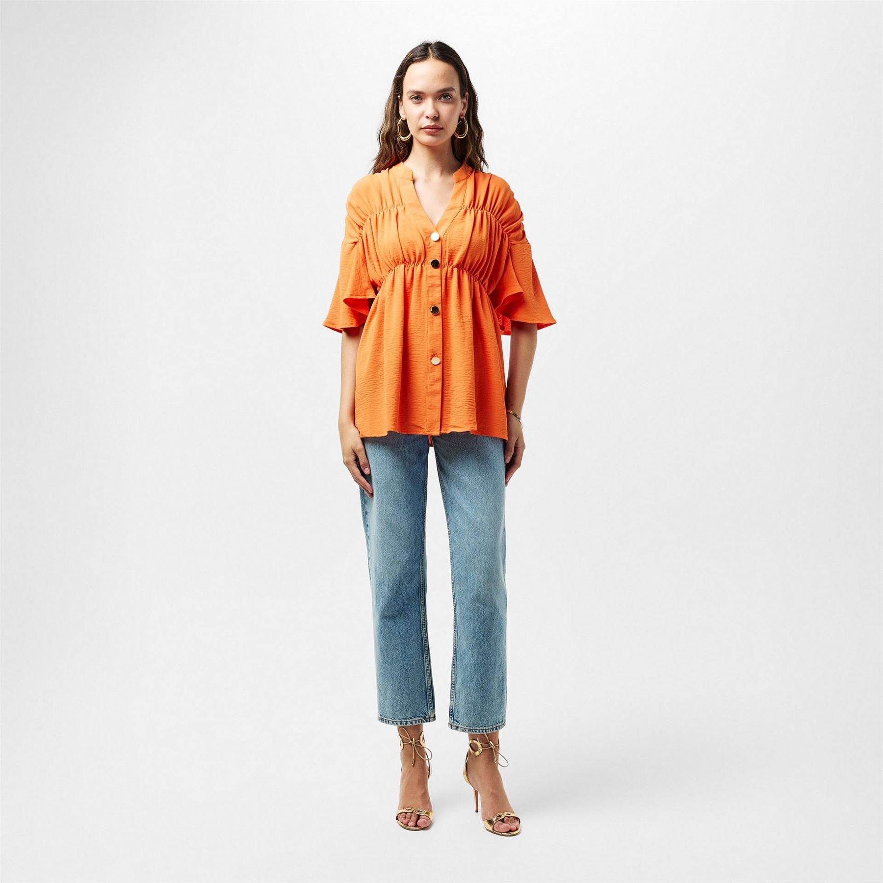 AX Paris Button Up Ruched Detail Smock V Neck Top