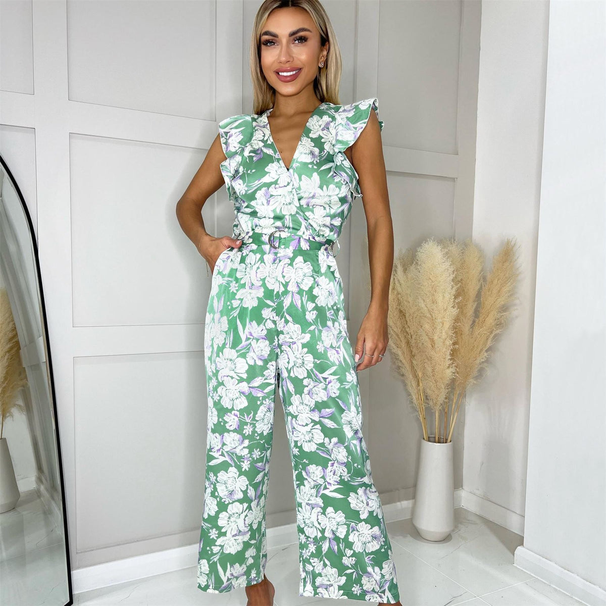 AX Paris Printed Wrap Front Frill Sleeve Belted Jumpsuit