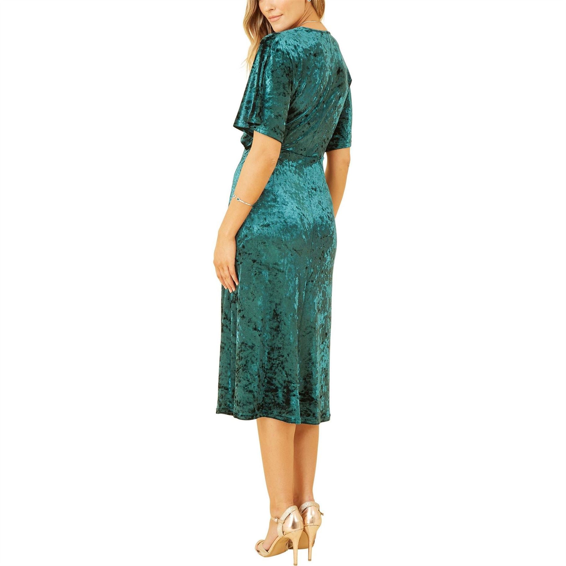Yumi Green Velvet V-Neck Midi A-Line Dress