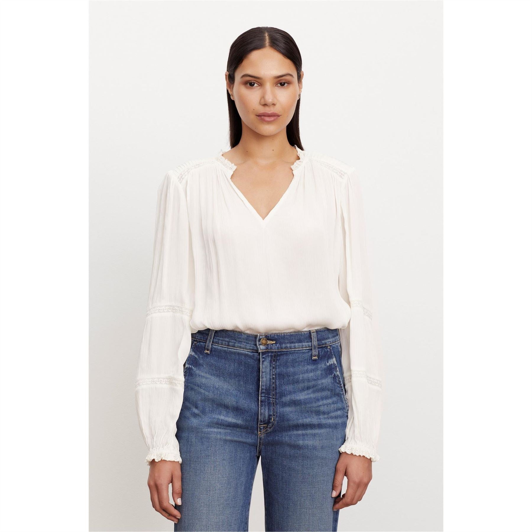 Velvet by Graham and Spencer Lace Detail V-Neck Bishop Sleeve Blouse