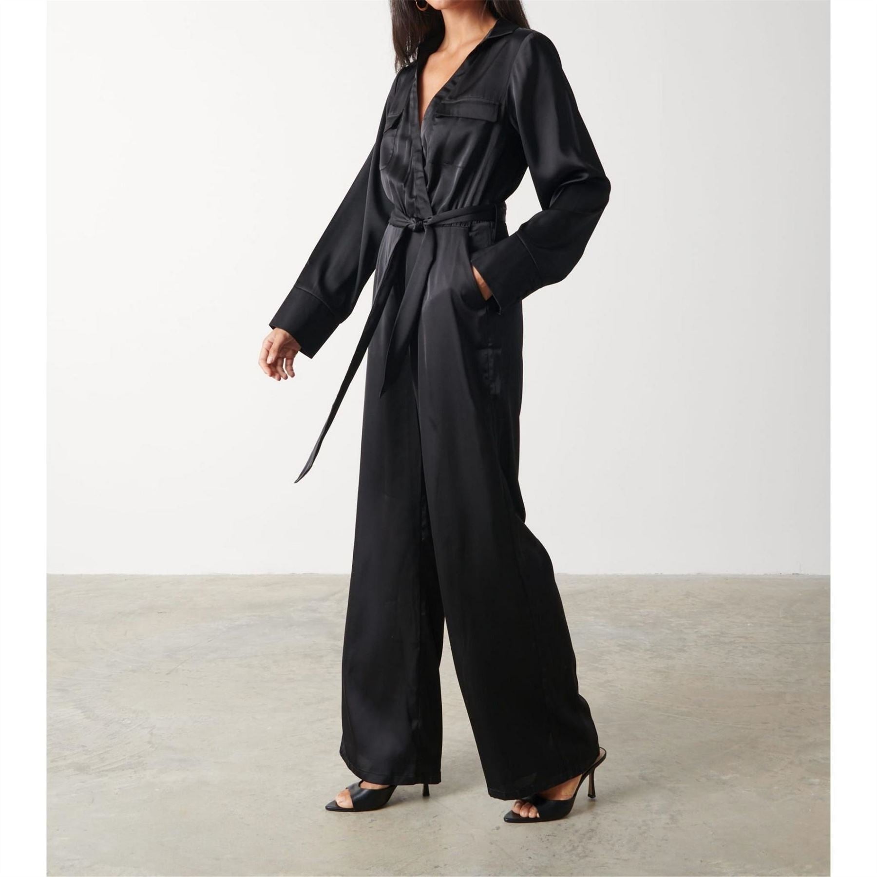 Pretty Lavish Carmen Collared Satin Long Sleeve Jumpsuit