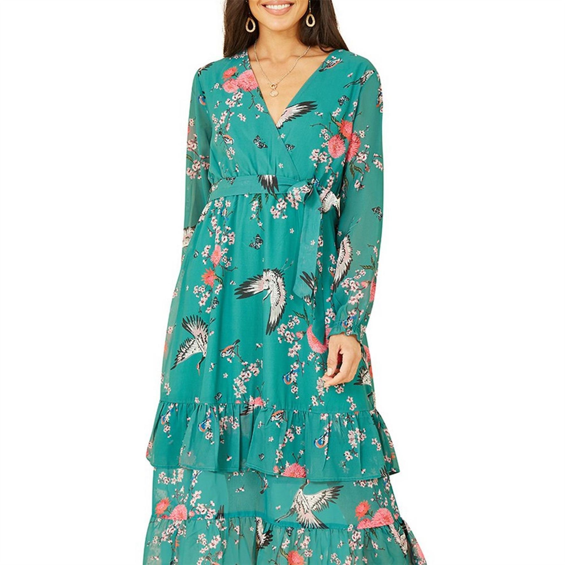 Yumi Crane Print V-Neck Midi Wrap Dress
