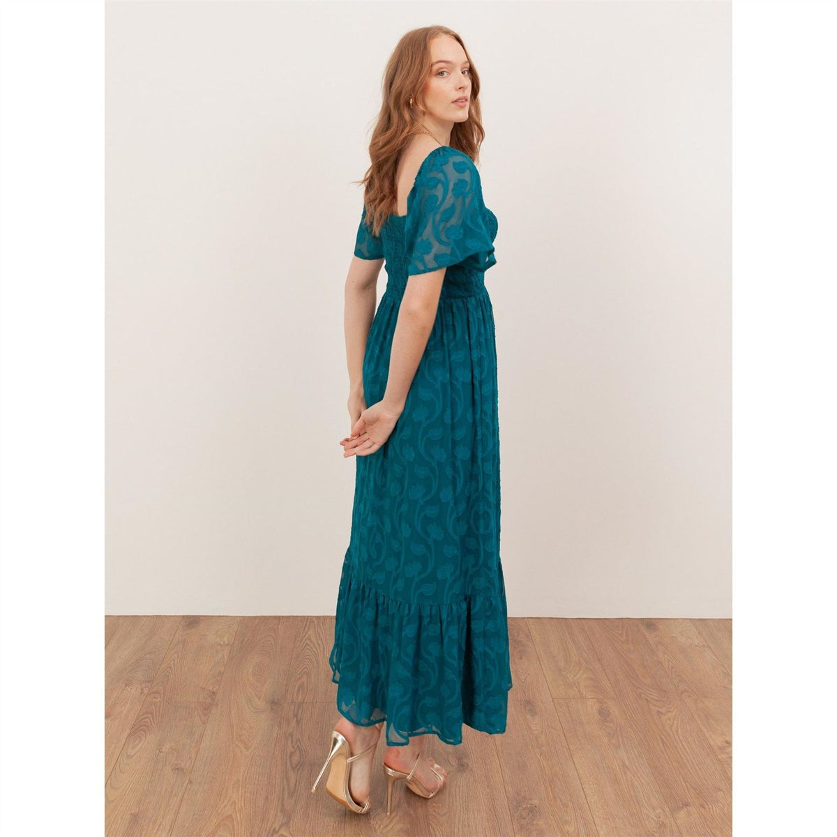 Lovedrobe Teal Floral Burnout Square Neck Shirred Midaxi Dress