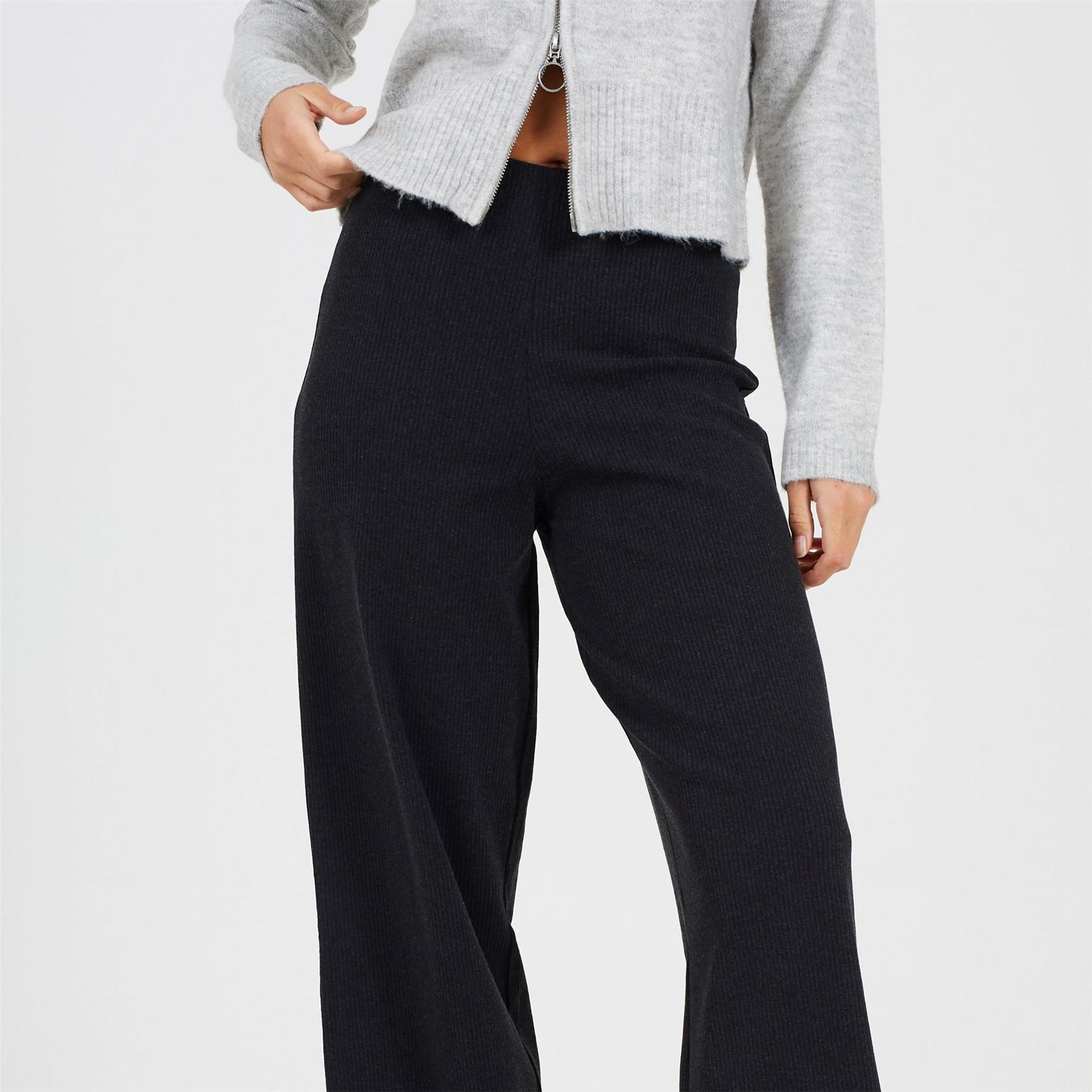 Brave Soul Womens Charcoal Ribbed Wide Leg Trousers