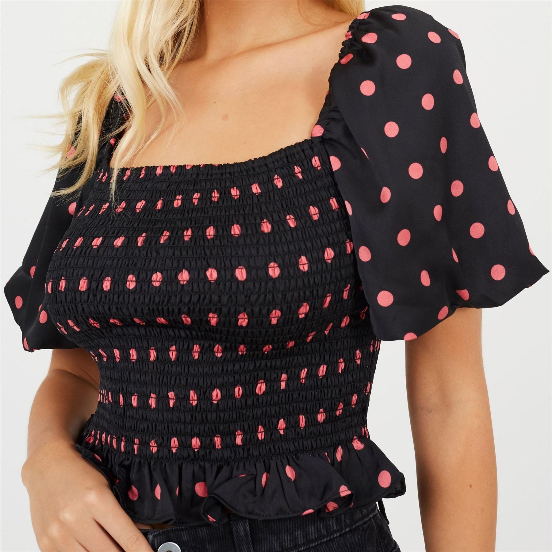 Brave Soul Womens Puff Sleeve Shirred Bust Polka Dot Top