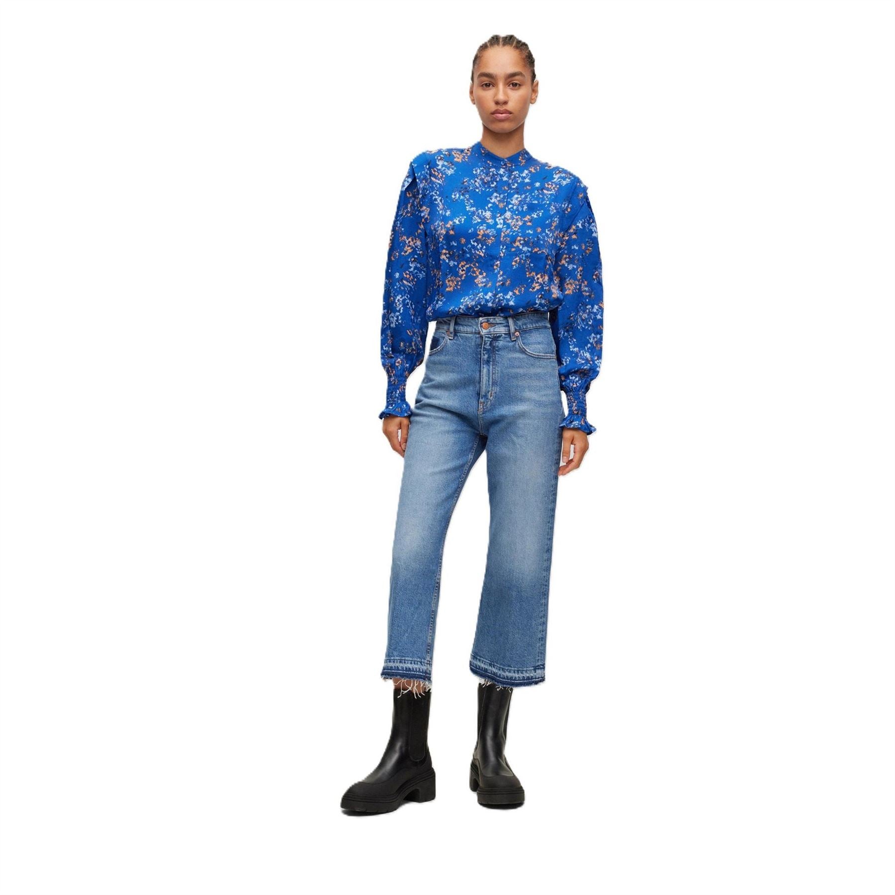 Boss Band Collar Long Sleeve Ruffle Blouse