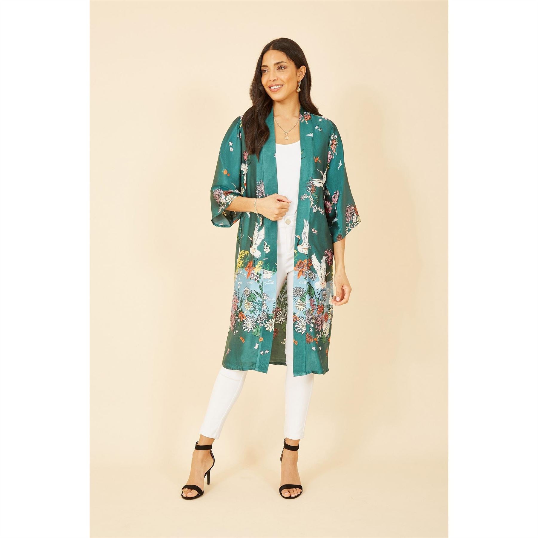 Yumi Satin Crane Border Kimono