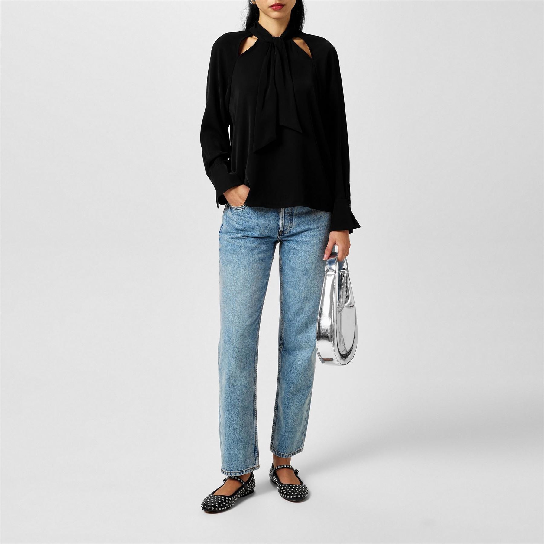 French Connection Tie Neck Long Sleeve Regular Fit Blouse