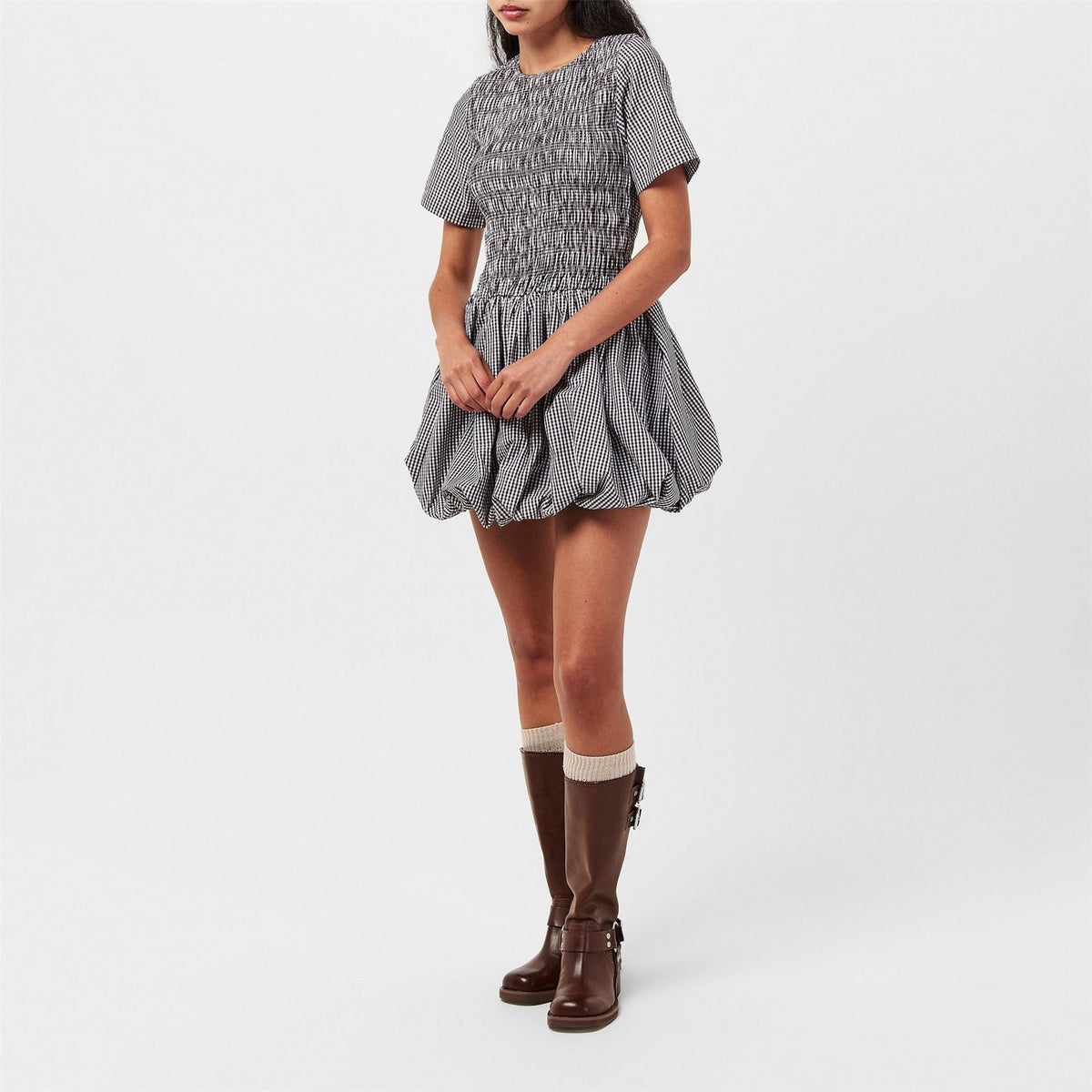 AmyLynn Elenor Chk Crew Neck Short Sleeve Mini Dress