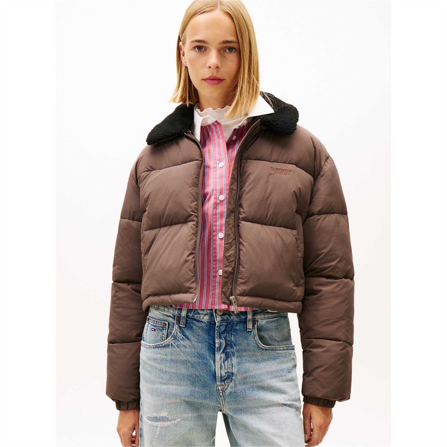 Tommy Jeans Solid Patterned Puffer Jacket with Side Pocket