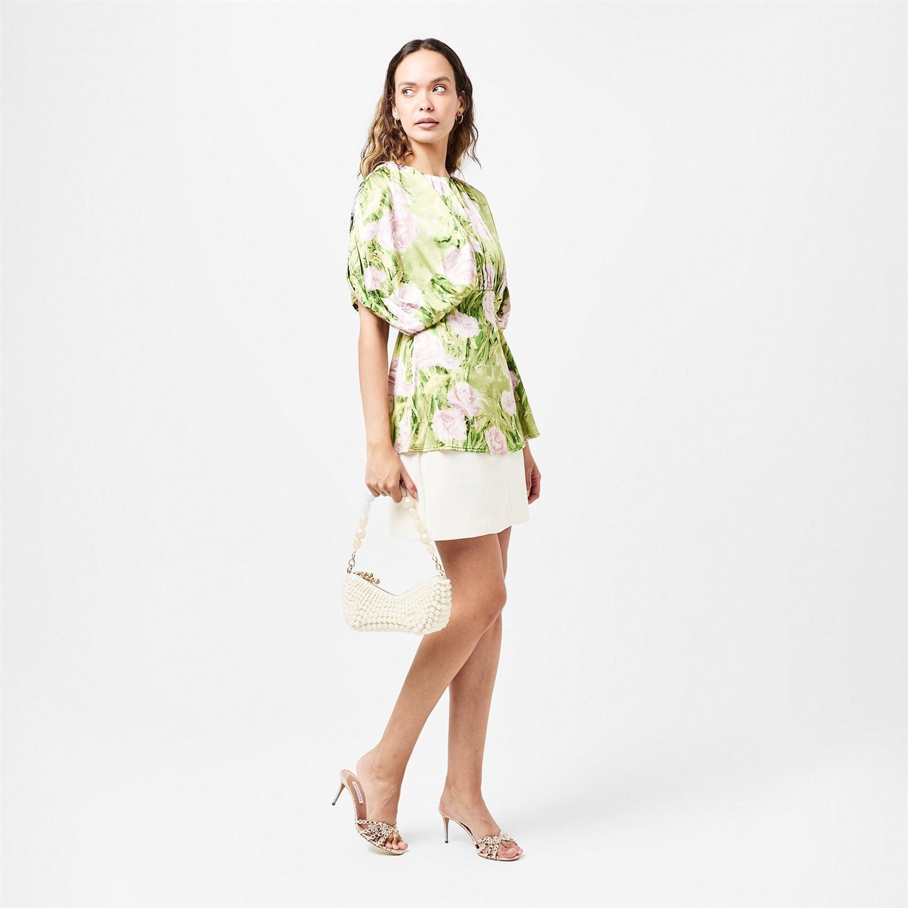 AX Paris Floral Satin Ruched Shoulder Batwing Top