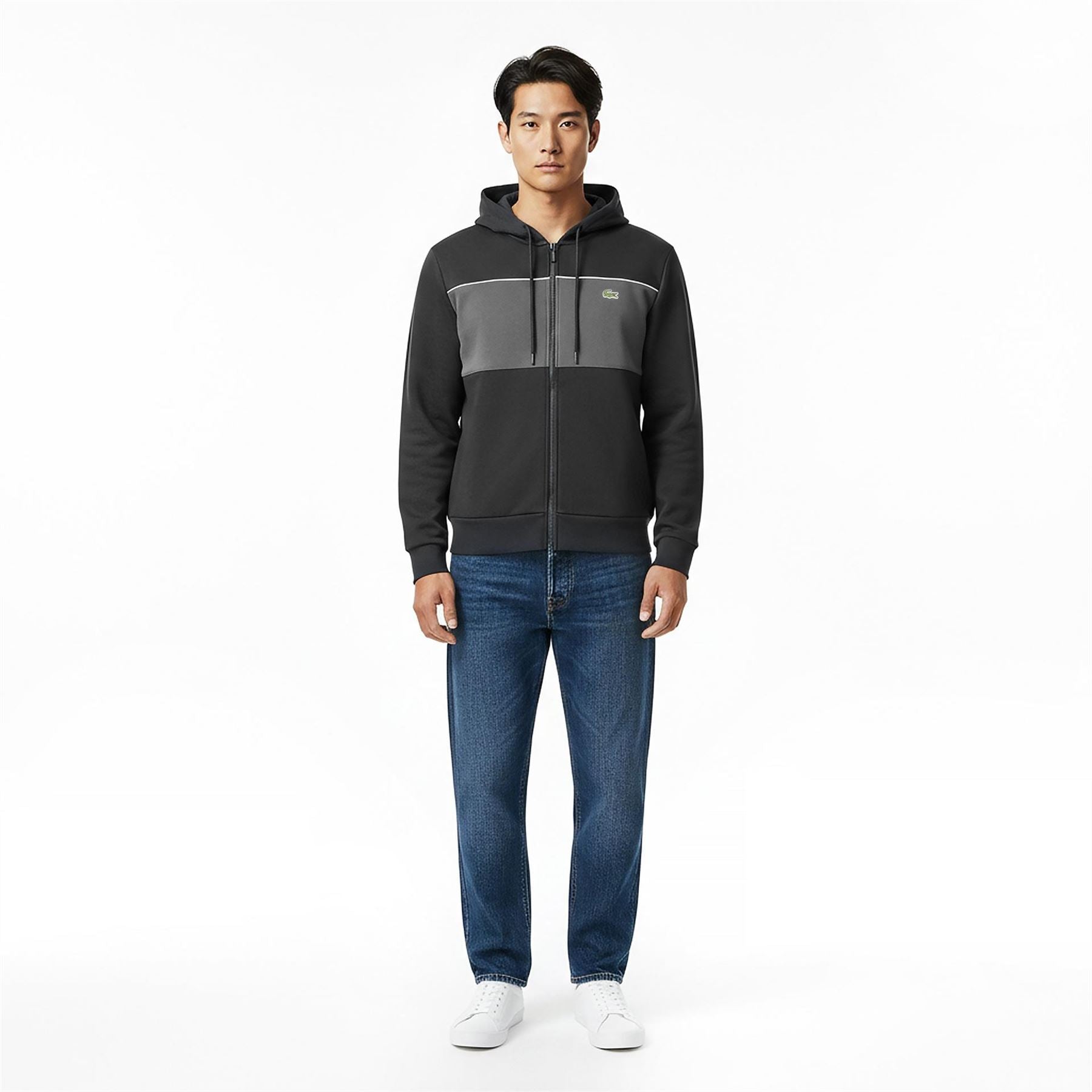 Lacoste Color Block Hooded Ribbed Cuff Sweat Jacket with Logo