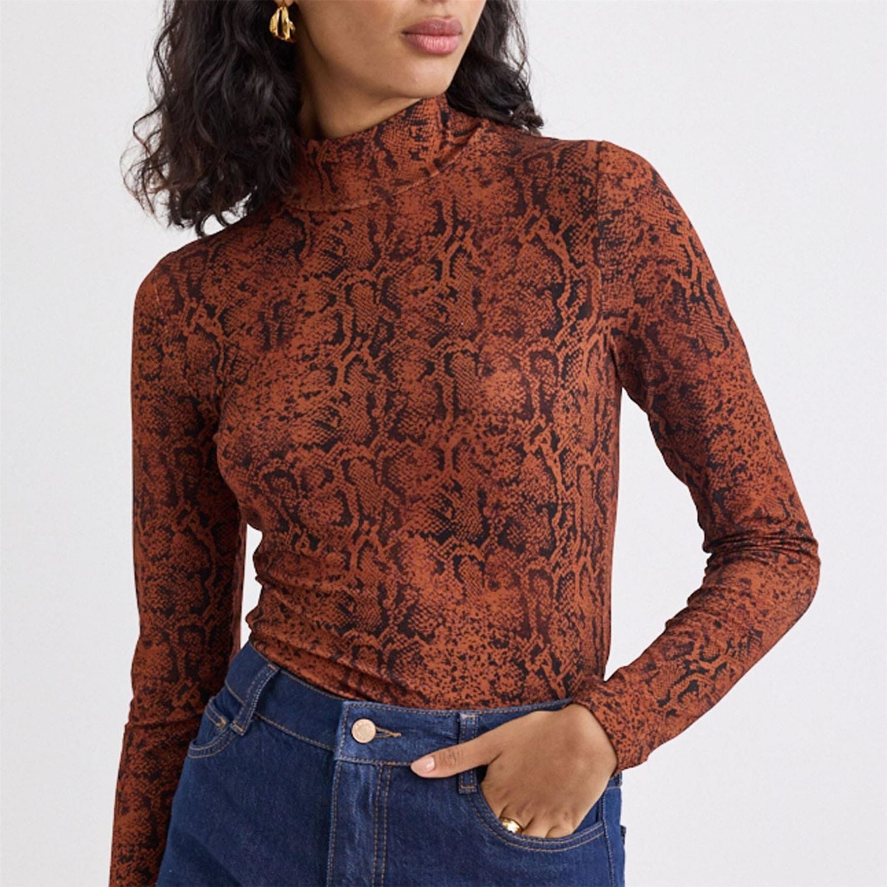 Nobodys Child Snake Print Funnel Neck Long Sleeve Top