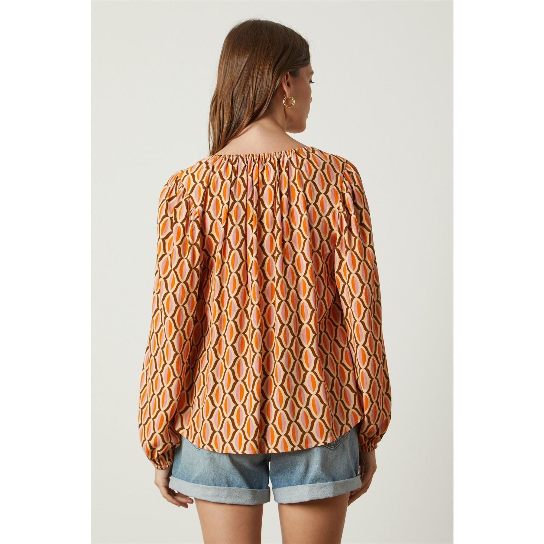 Velvet by Graham and Spencer Geo Geographic Print Balloon Sleeve V-Neck Blouse