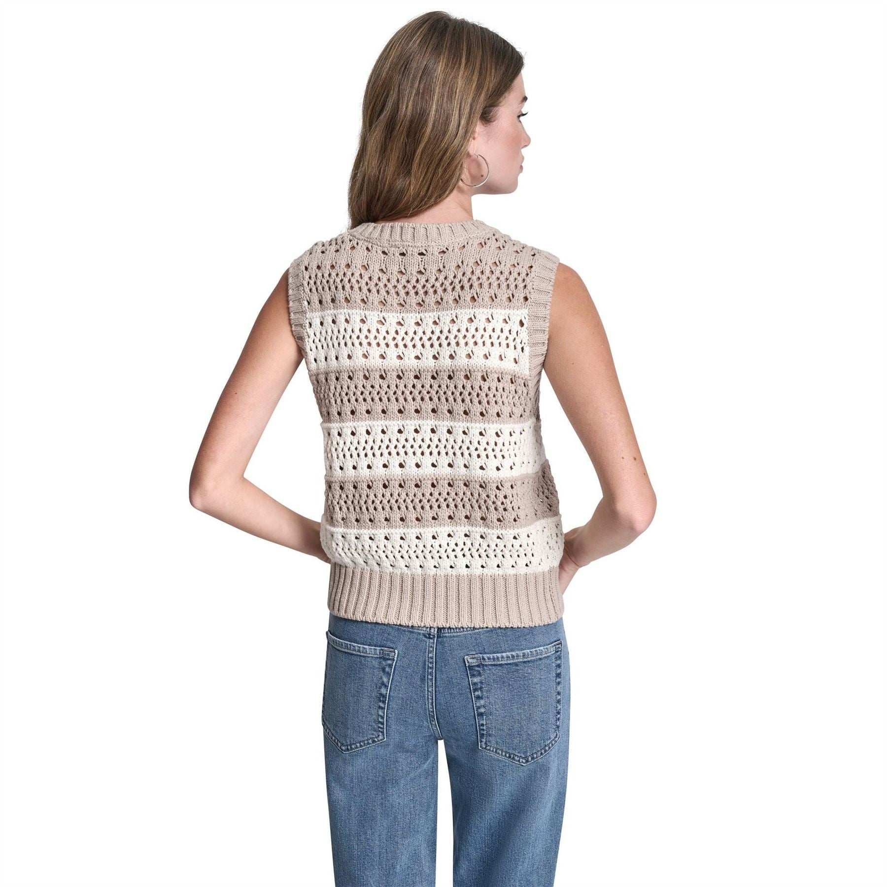 DKNY Jeans Striped Pointelle Stitch Sleeveless Sweater