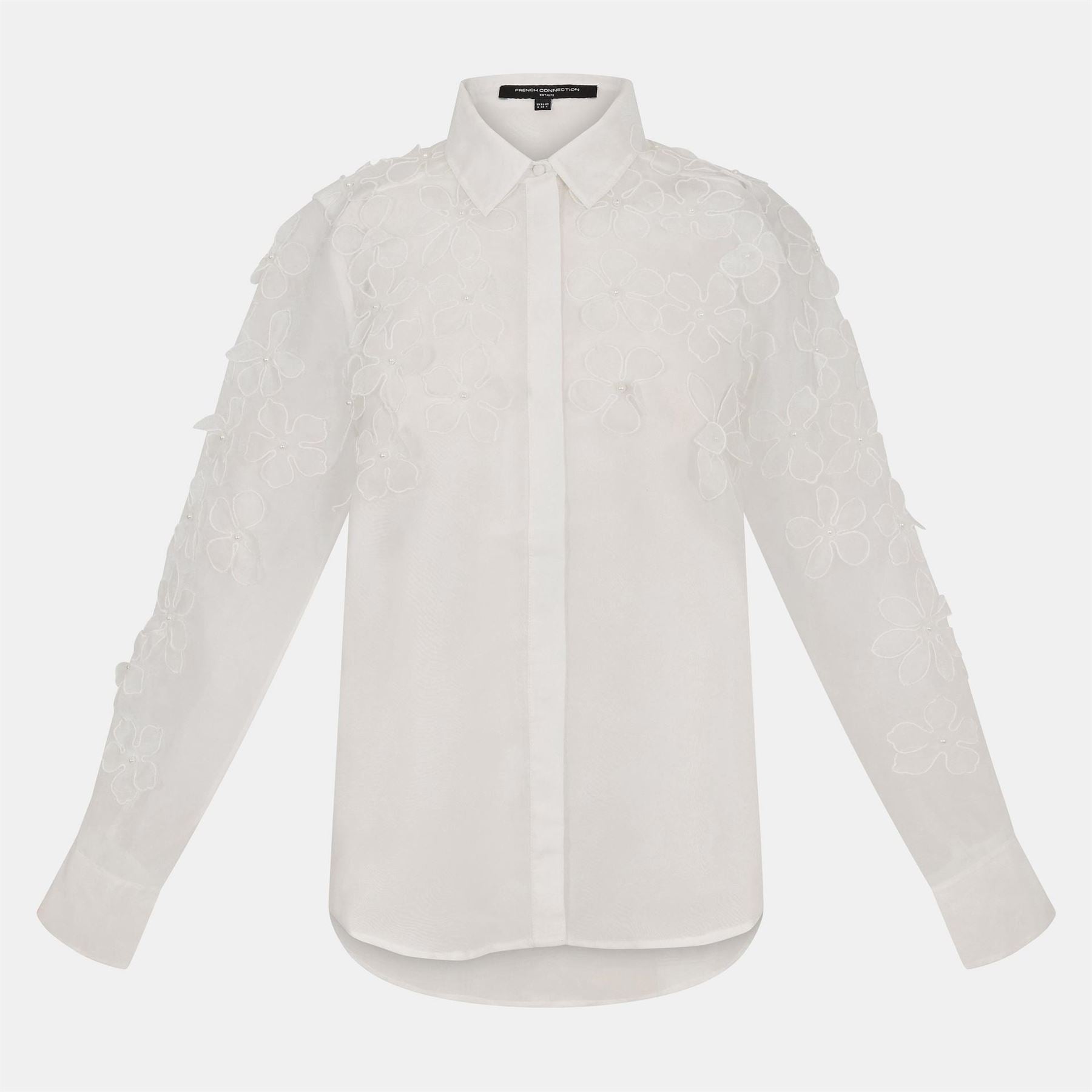 French Connection 3D Floral Embellished Relaxed Fit Long Sleeve Cuff Shirt