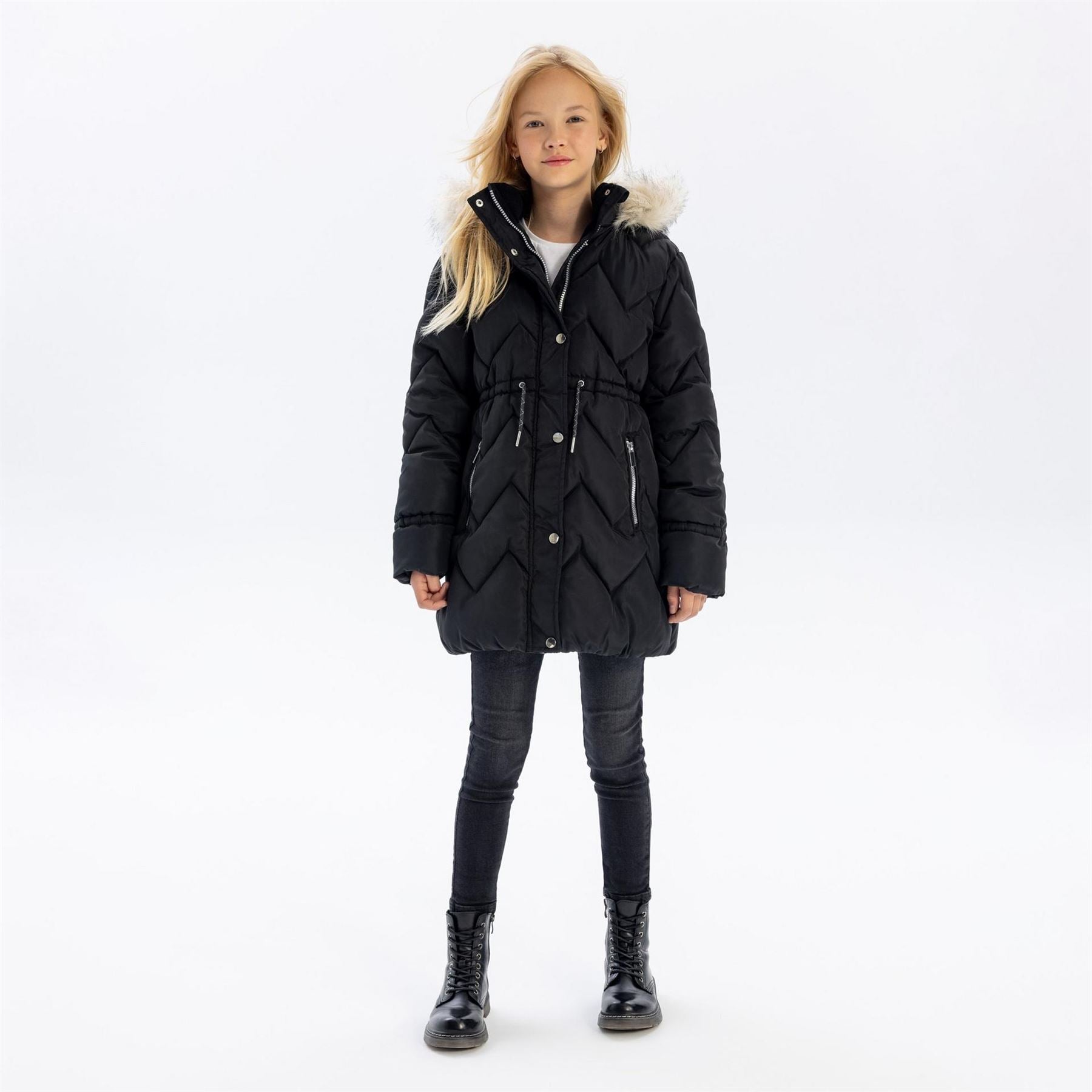 Minoti Girls Mid Length Quilted Winter Jacket Faux Fur Hood Black