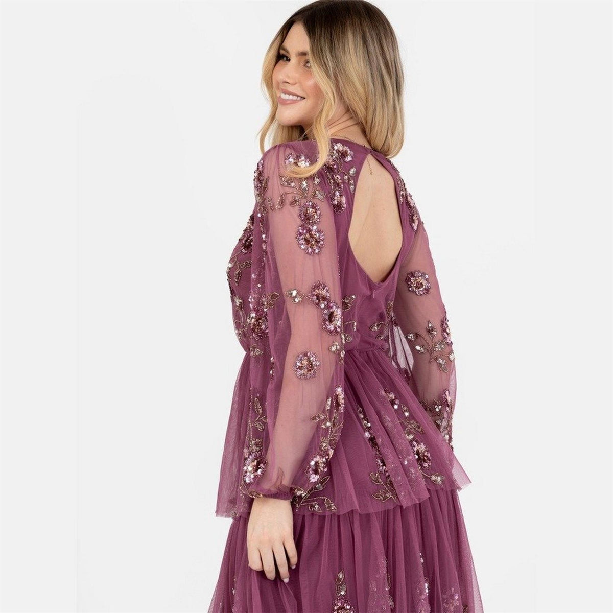 Maya Deluxe Purple Embellished Maxi Sleeve Tiered Maxi Dress