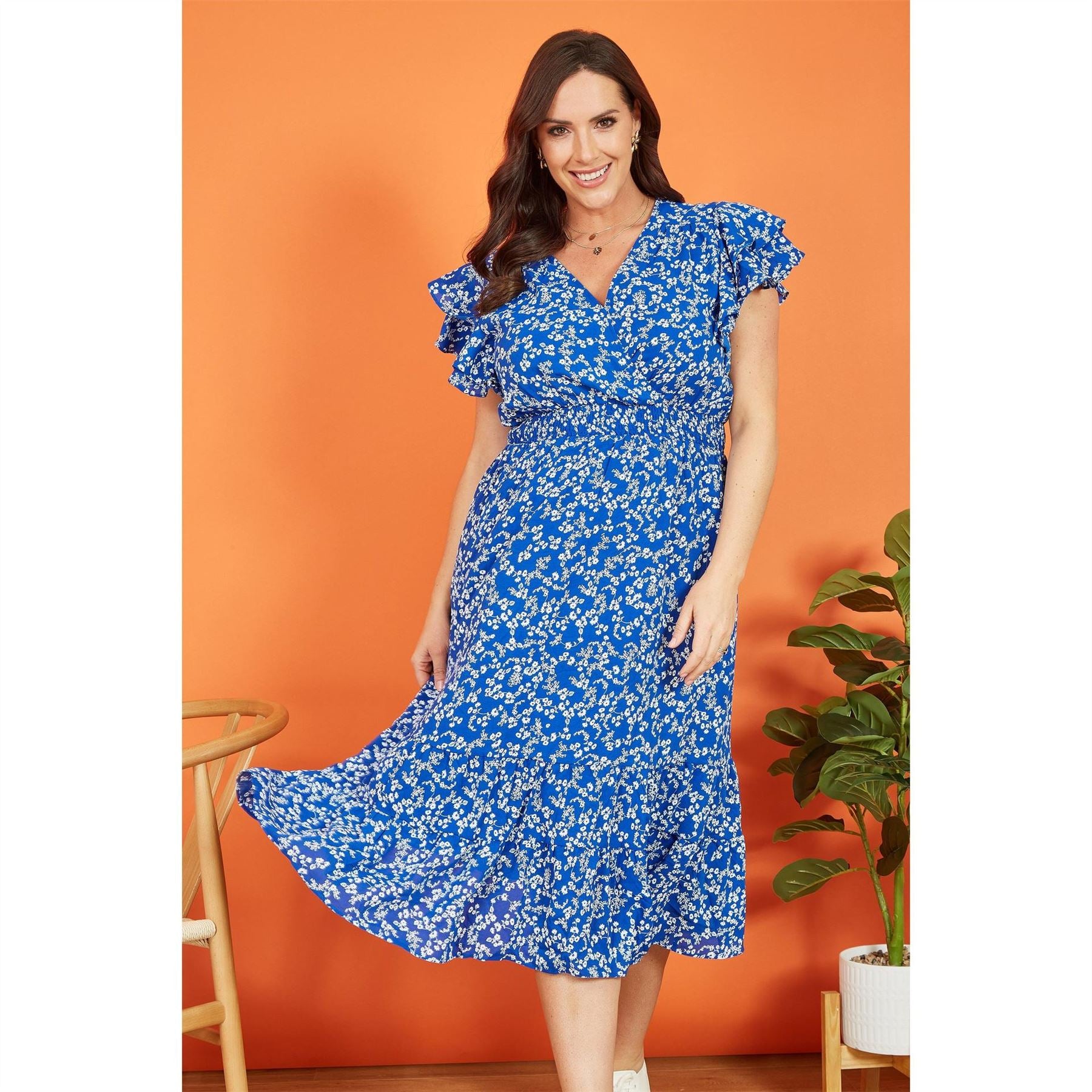 Yumi Ditsy Print Frill Detail Midi Dress