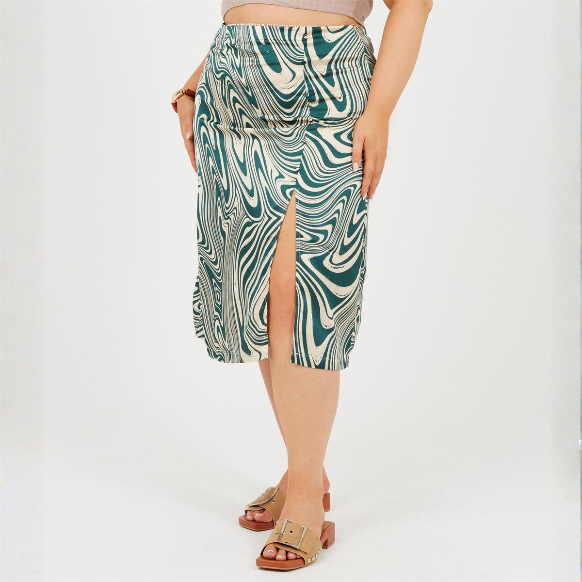 Brave Soul Plus Size Swirl Print Skirt With Side Split  And  Button Detail