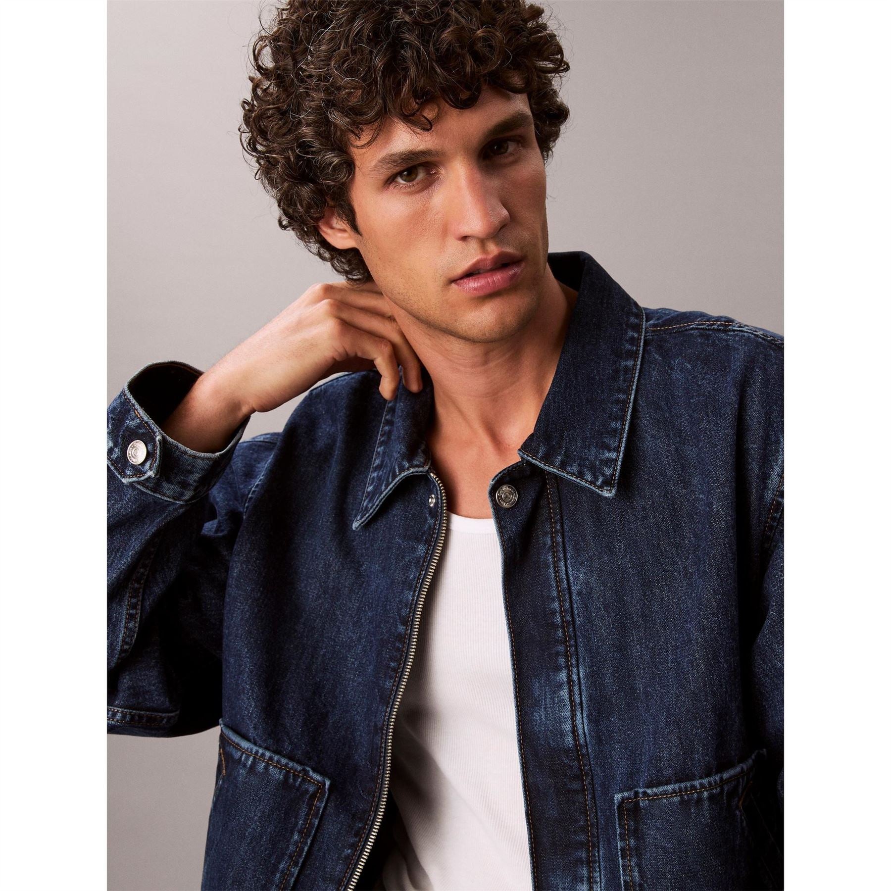 Calvin Klein Jeans Solid Patterned Snap Button Front Pocket Denim Jacket