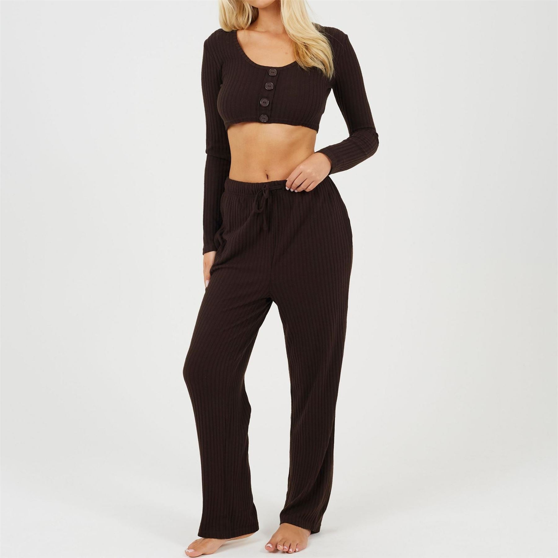 Brave Soul Womens Long Sleeve Cropped Top And Matching Trouser Lounge Set