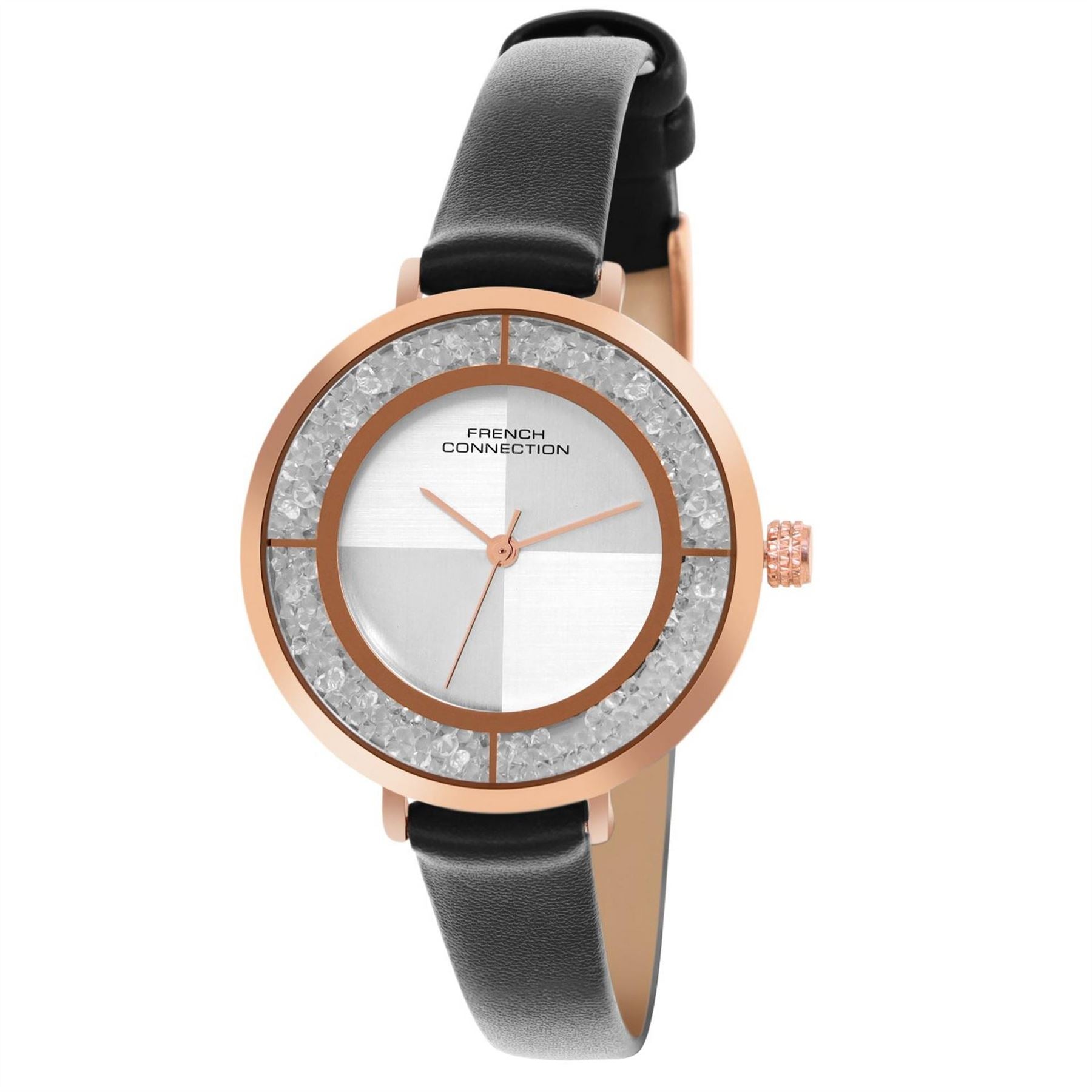 French Connection Connection Rose Case Round Shape Black Strap Quartz Watch
