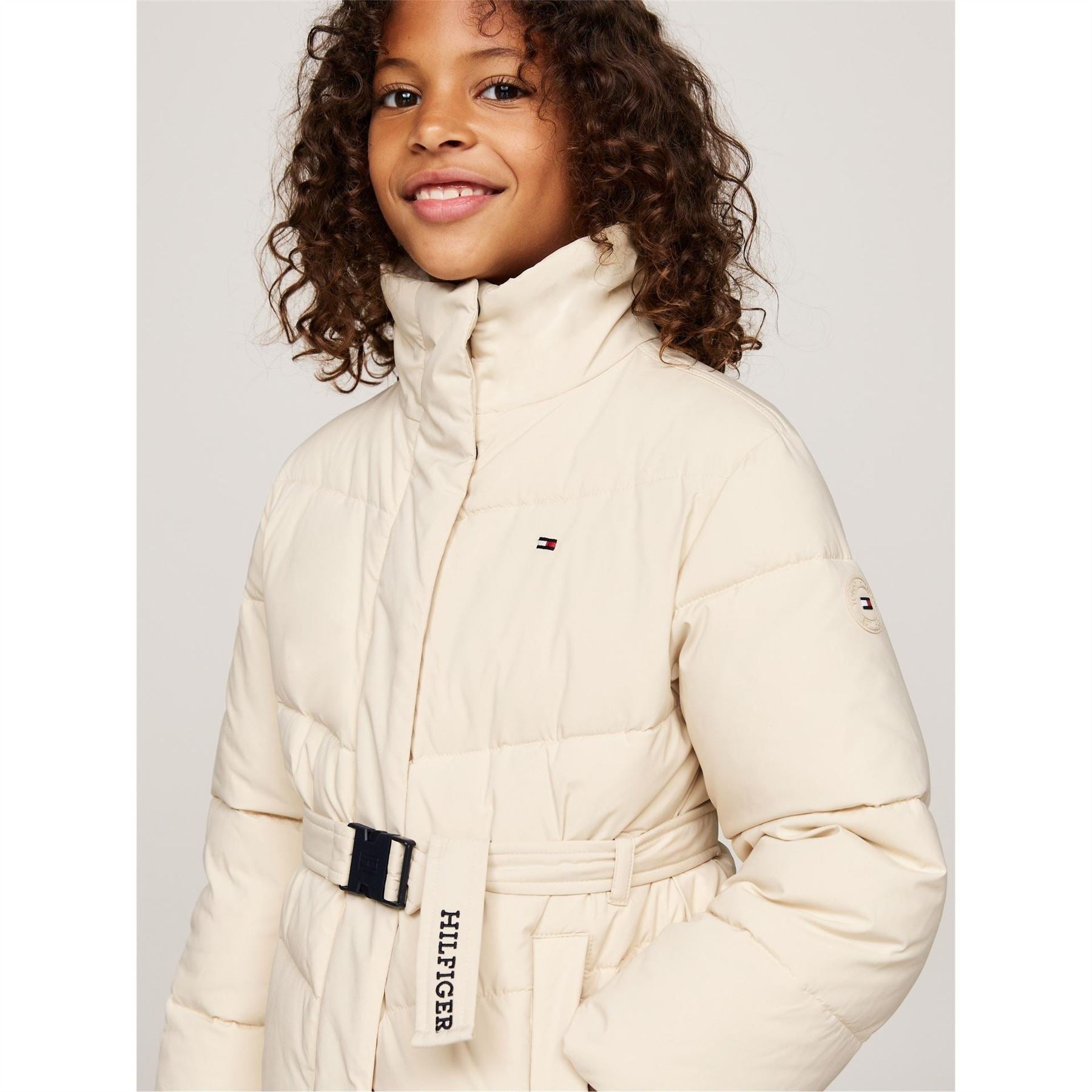 Tommy Hilfiger Teddy Collar Belted Wind Resistant Long Sleeve Oversized Fit Short Puffer Jacket