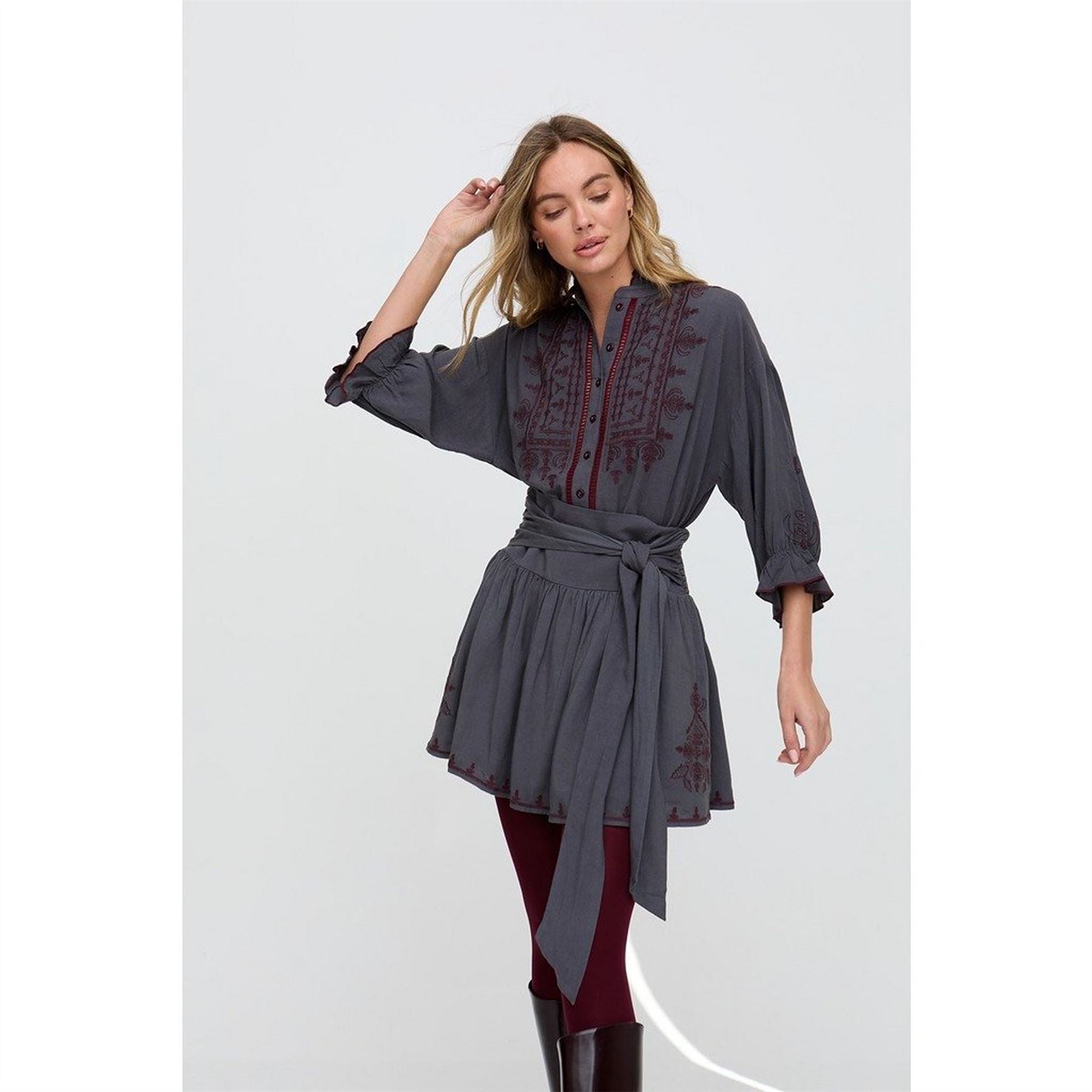 Raffya Julie Embroidered Skater Mini Skirt In Dark Grey