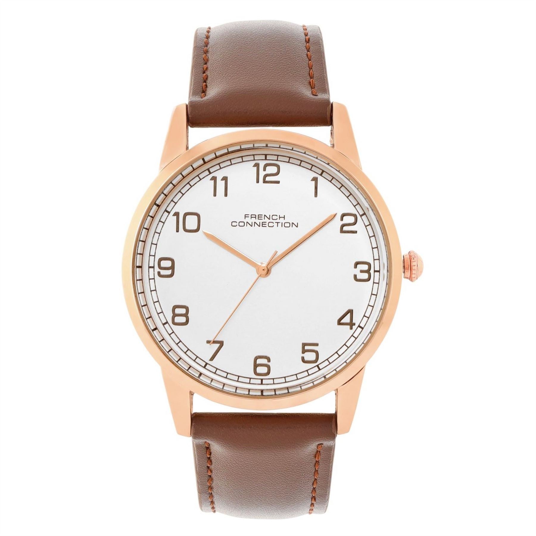 French Connection Connection Rose Case Round Shape Black Strap Quartz Watch