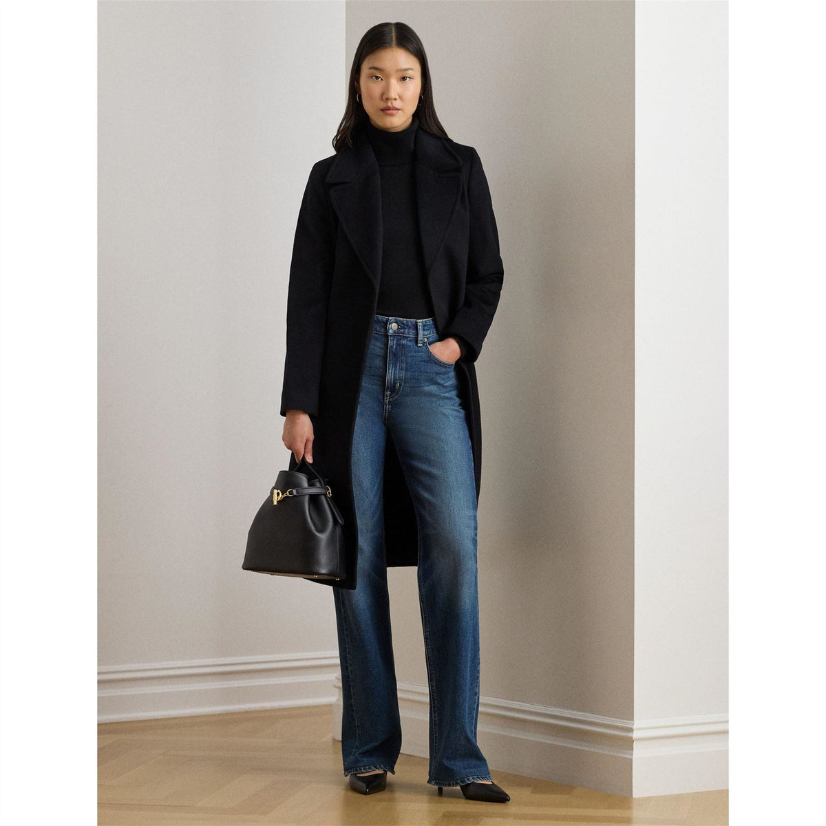 Lauren by Ralph Lauren Wool Solid Patterned Wrap Coat with Lapel Collar