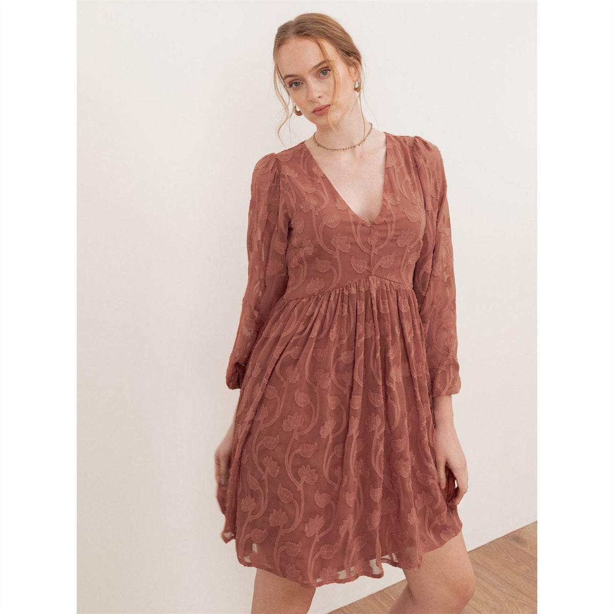 Lovedrobe Terracotta Floral Burnout Maxi Sleeve Mini Dress