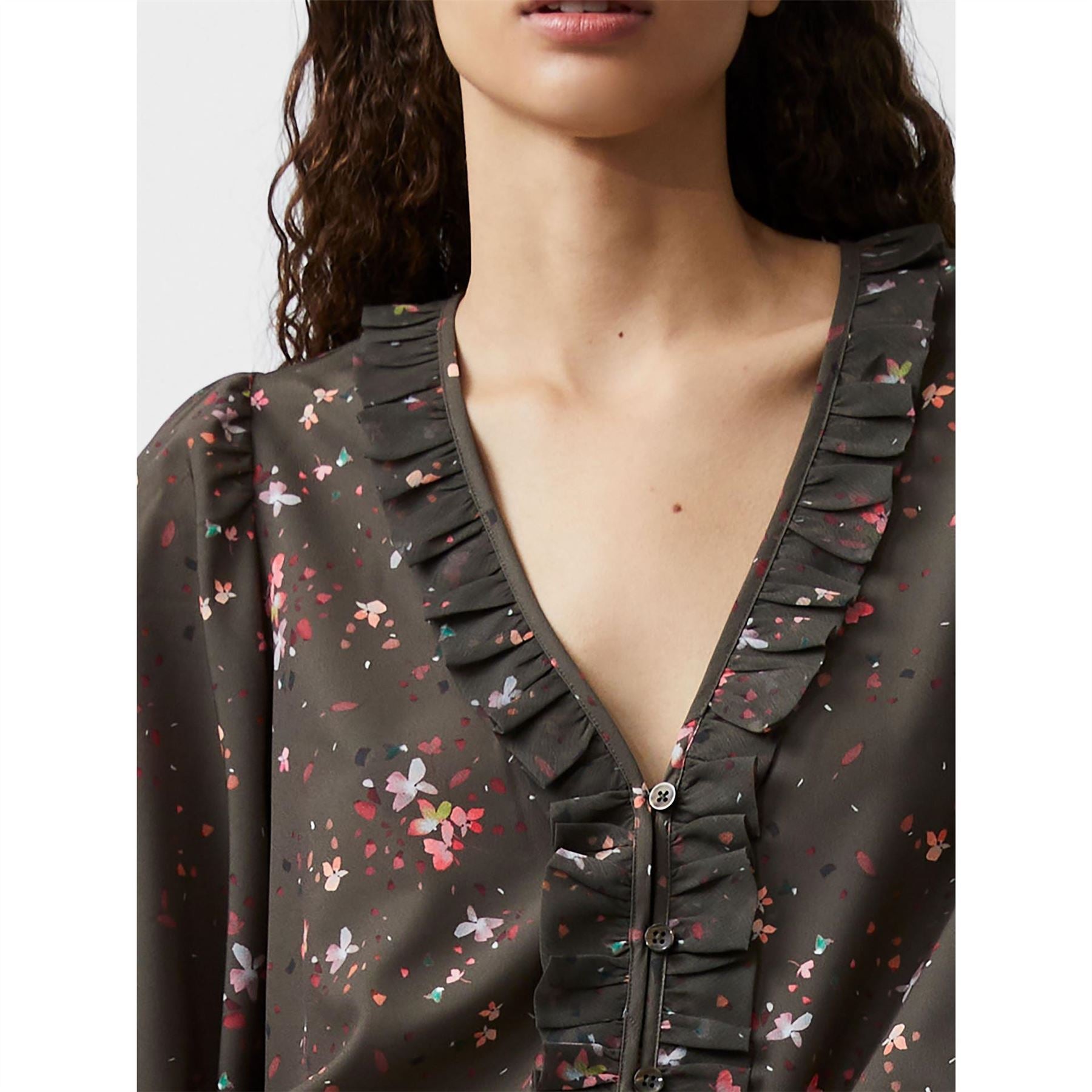 French Connection Carina Recycled Crepe Ruffle Long Sleeve Blouse