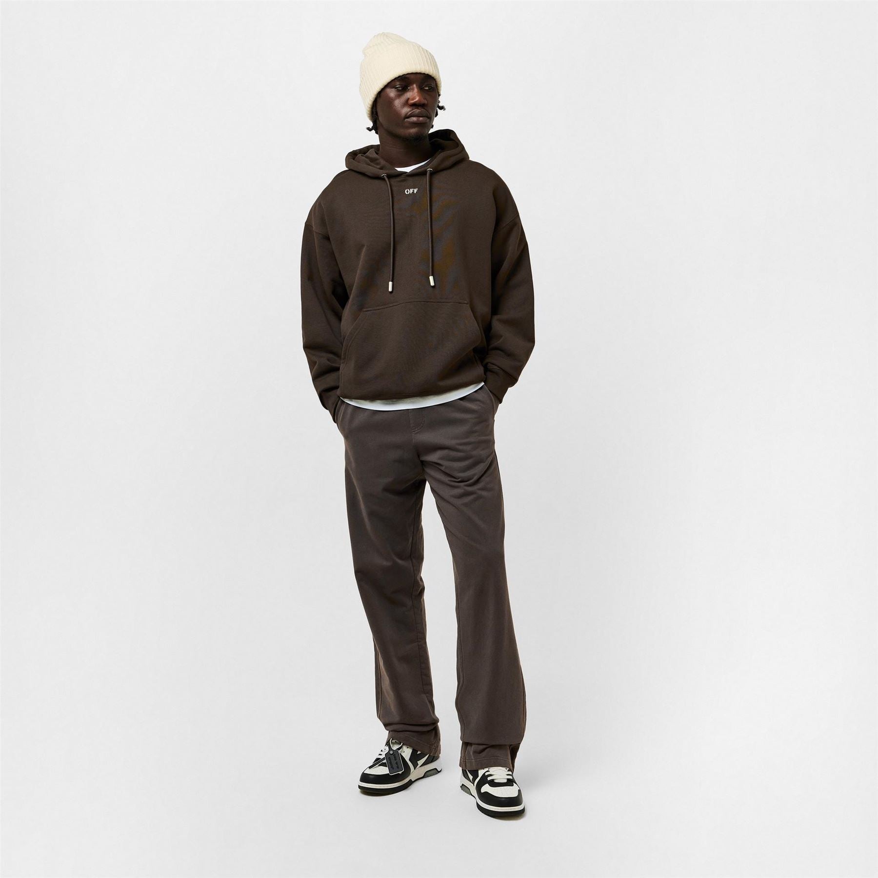 Off White Hooded Neck Skate Sweatshirt with Kangaroo Pocket
