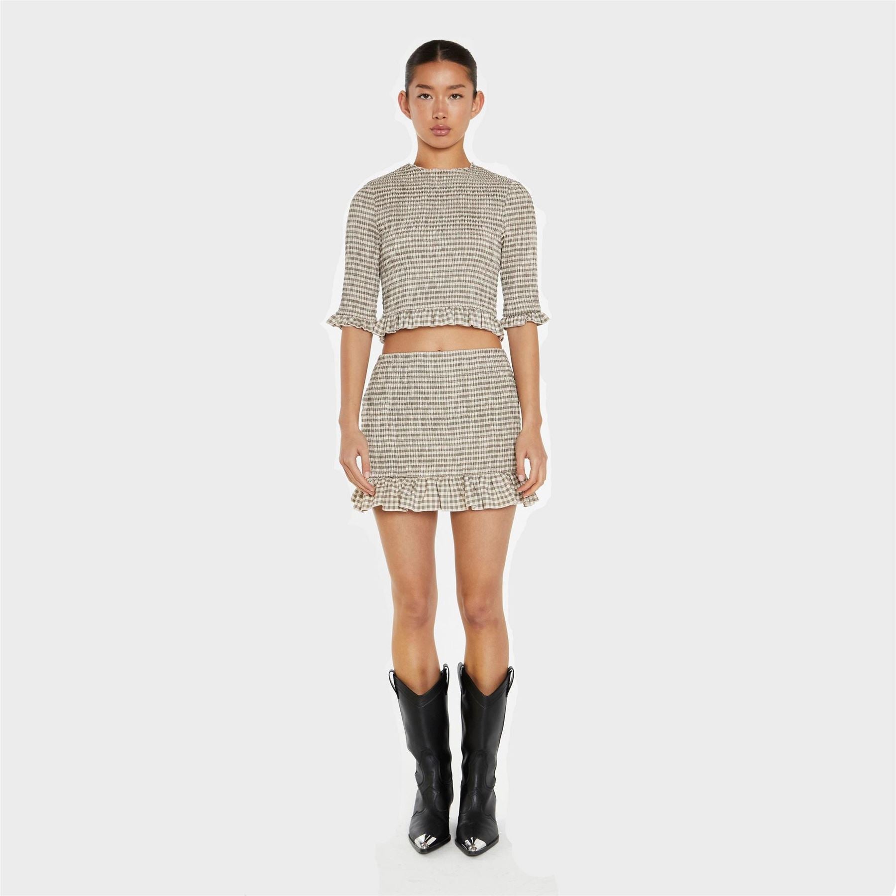 Glamorous Beige Black Check Shirred Crop Top