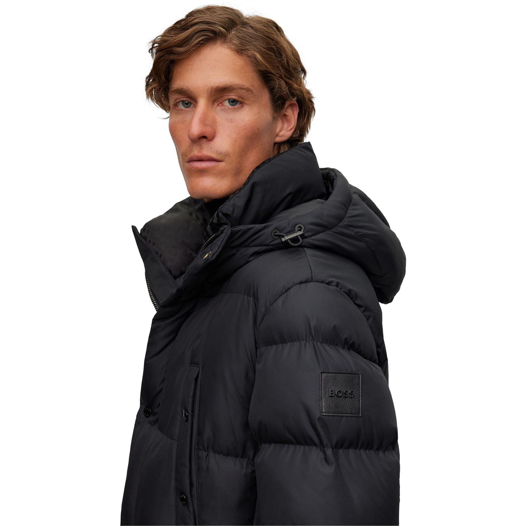 Boss Hooded Solid Patterned Puffer Coat