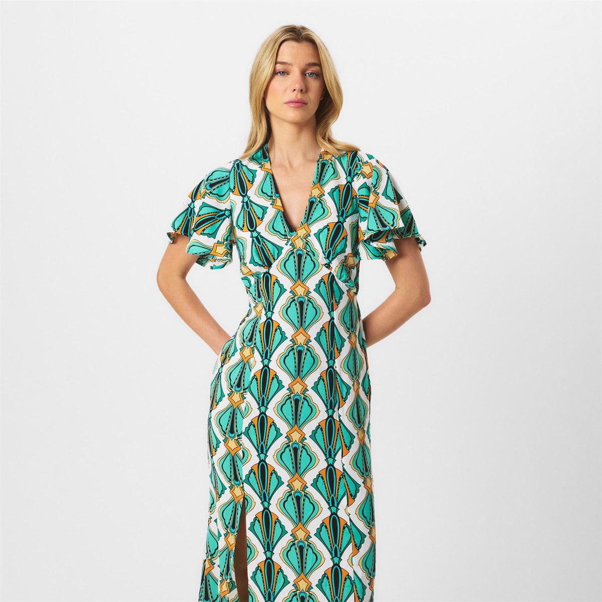 AX Paris Print V Neck Tie Detail Short Sleeve Midi Dress