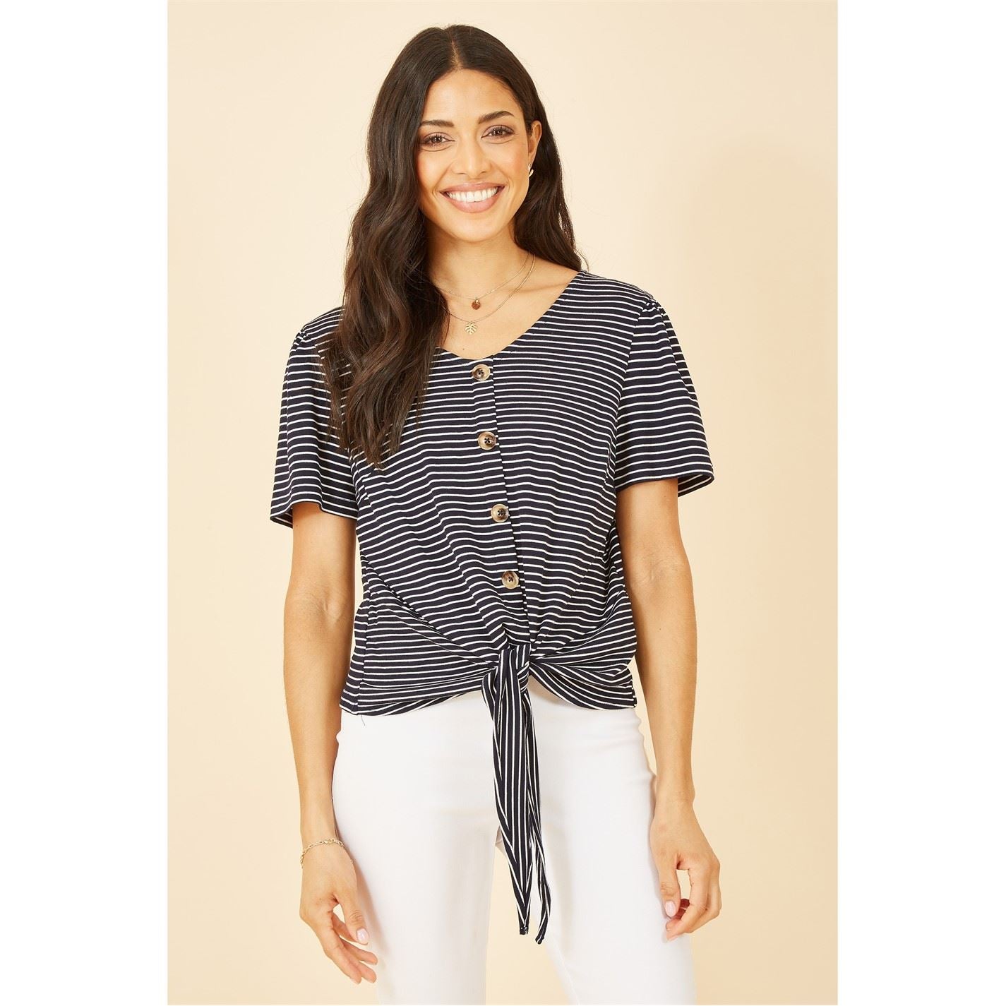 Yumi Striped Jersey Button Detail Top