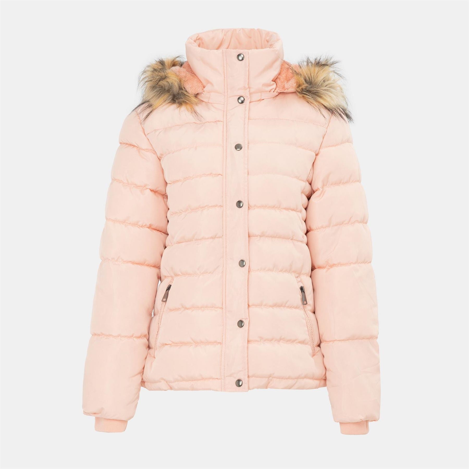 I Saw It First Solid Patterned Hooded Snap Button Fur Trim Ribbed Cuff Parka Jacket