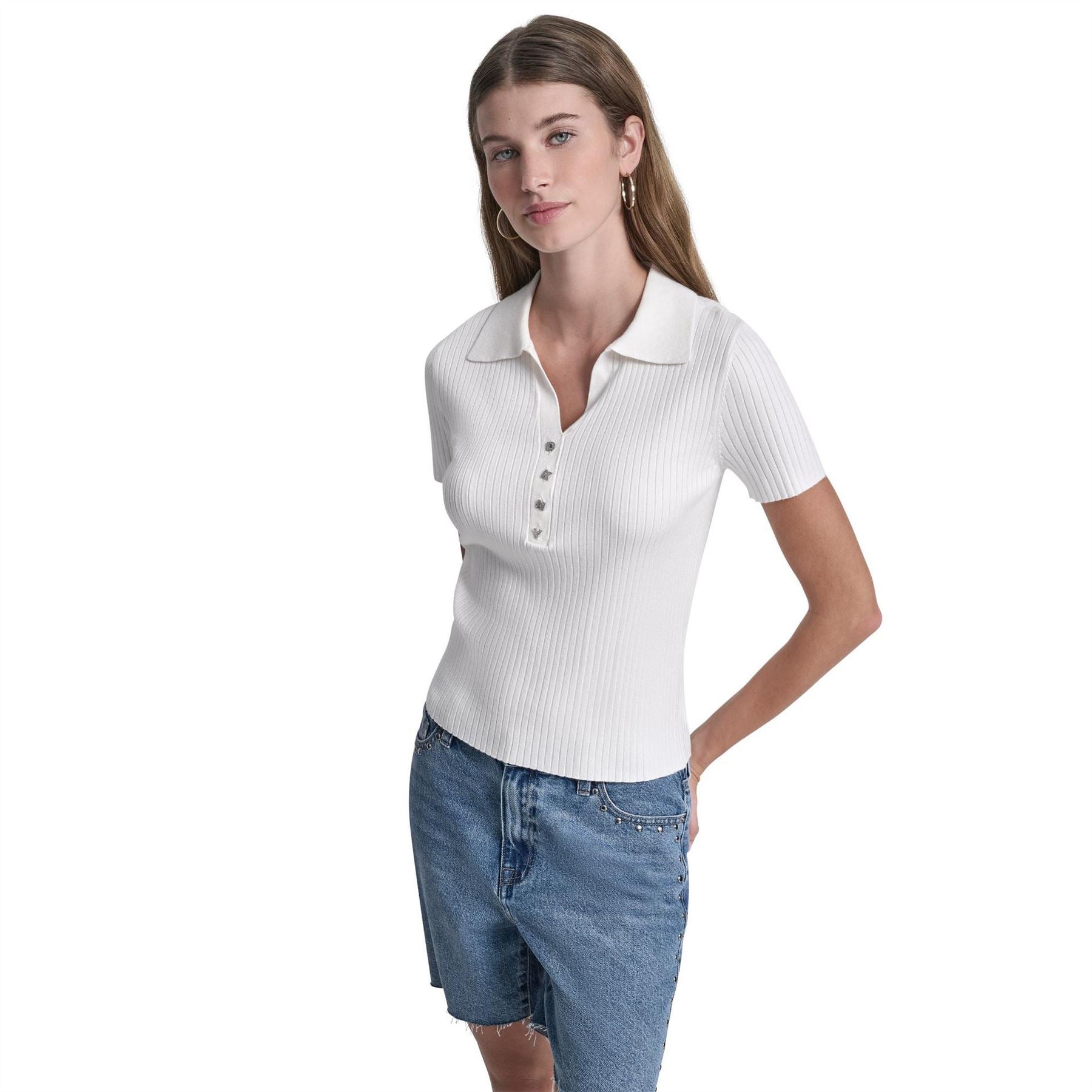 DKNY Jeans Short Sleeve Rib Polo W  Logo Rhinestone Buttons
