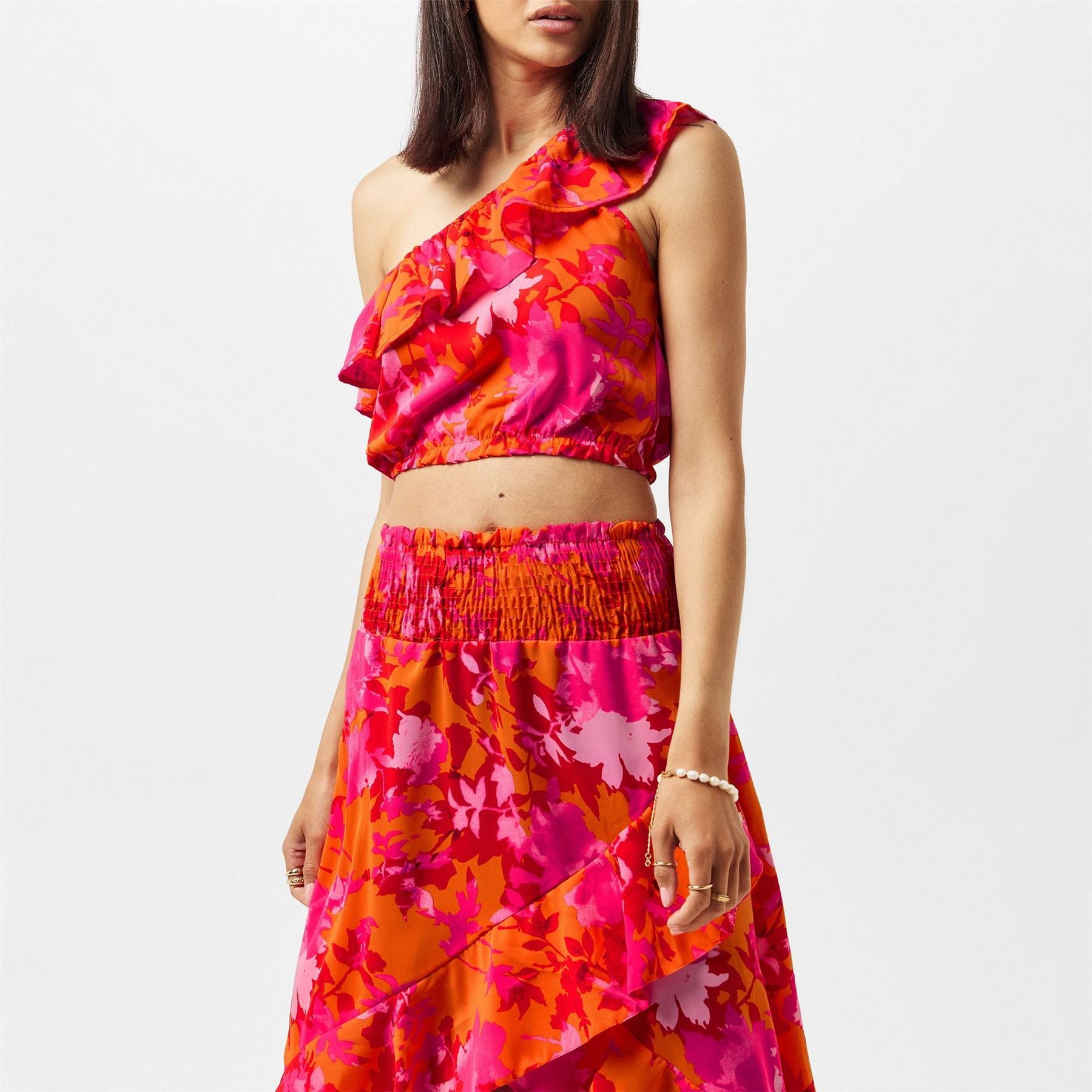 AX Paris And Orange Floral One Shoulder Frill Detail Top