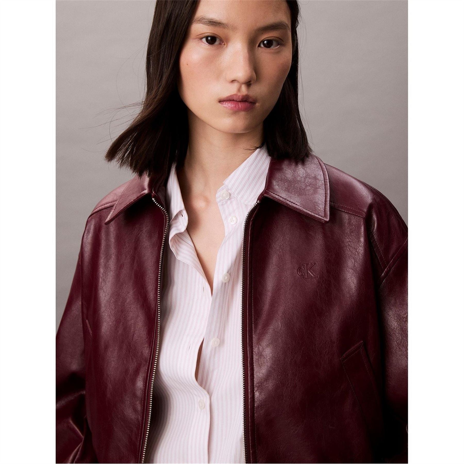 Calvin Klein Jeans Solid Patterned Snap Button Ribbed Cuff Bomber Jacket