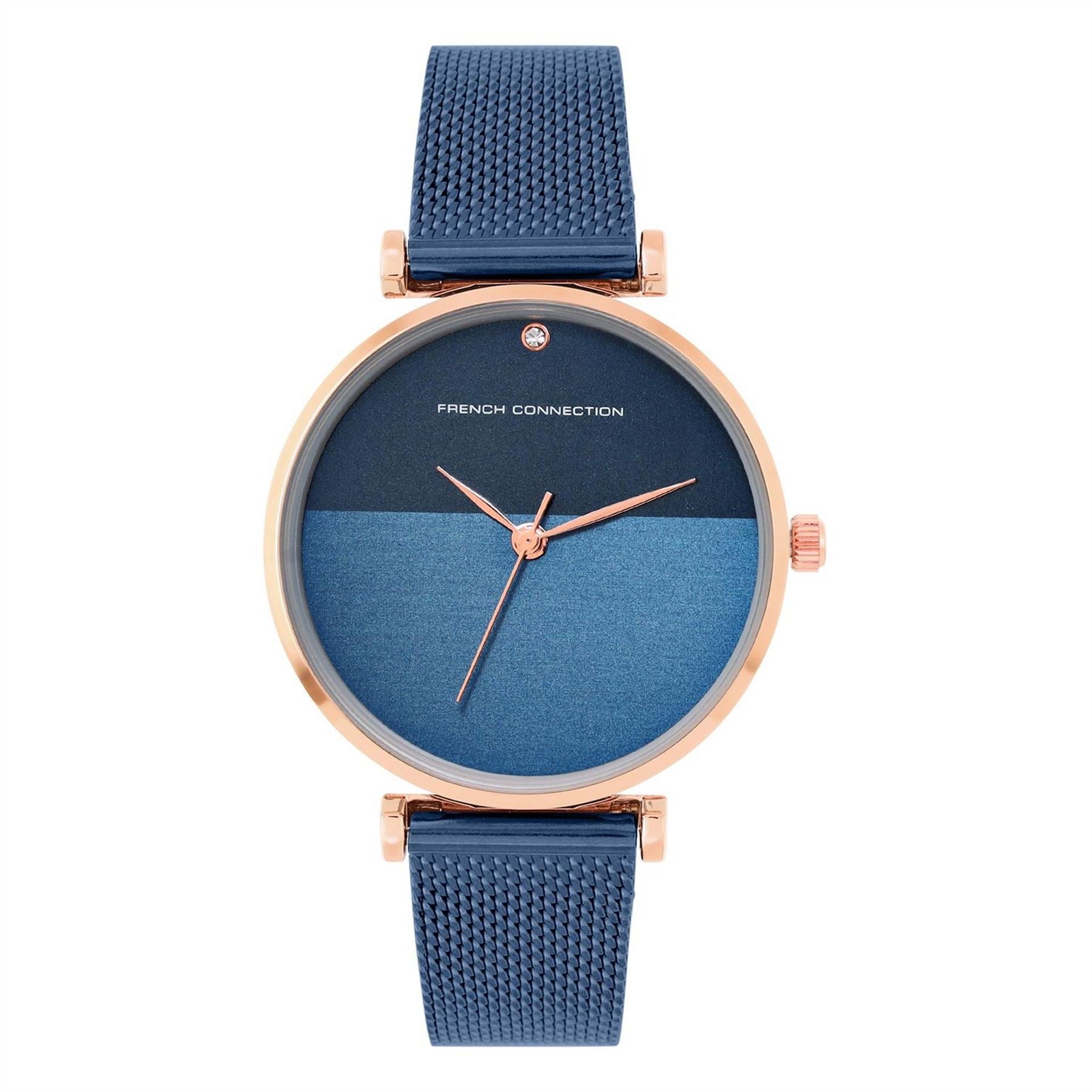 French Connection Connection Rose Case Round Shape Blue Strap Quartz Watch
