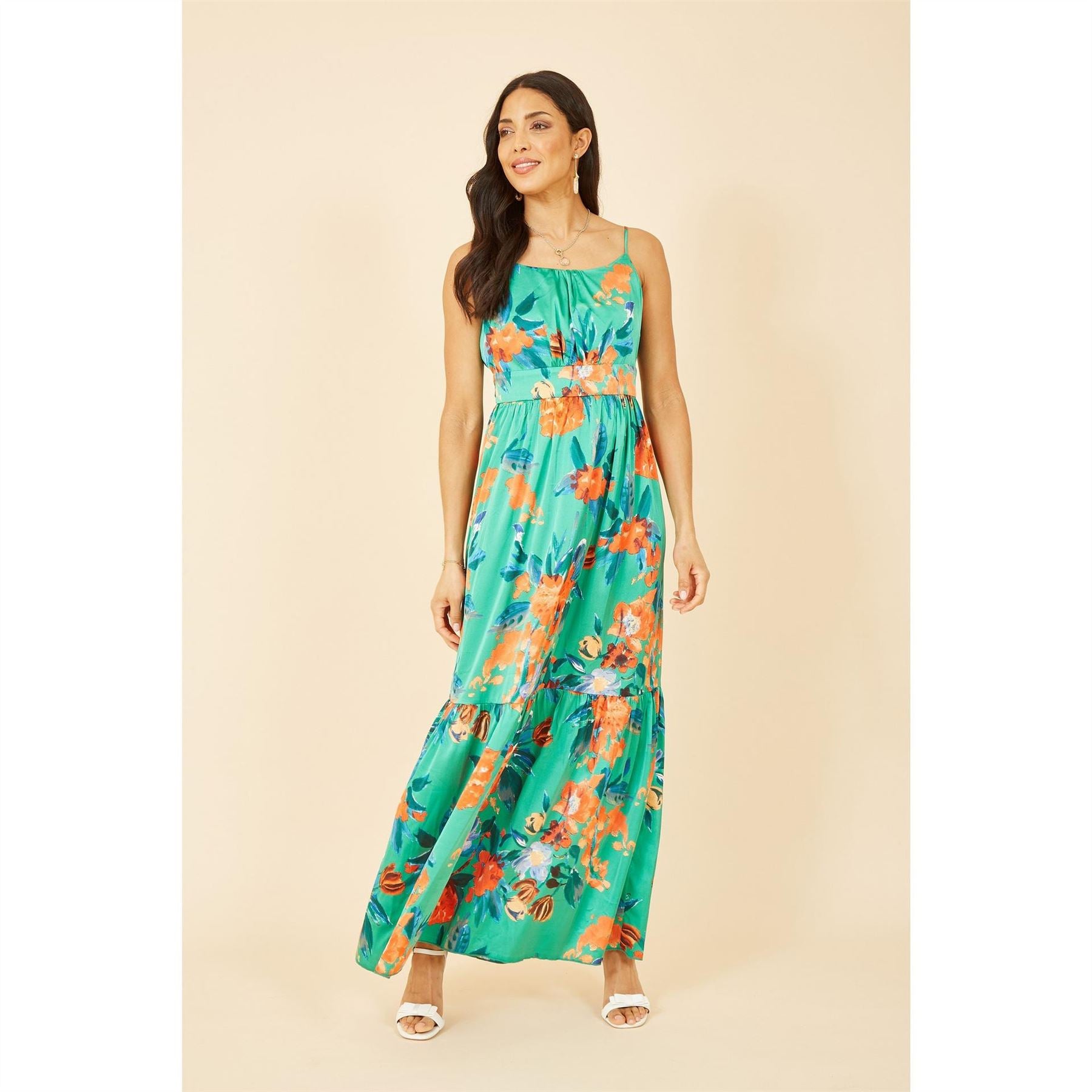 Yumi Satin Floral Strappy Maxi Dress