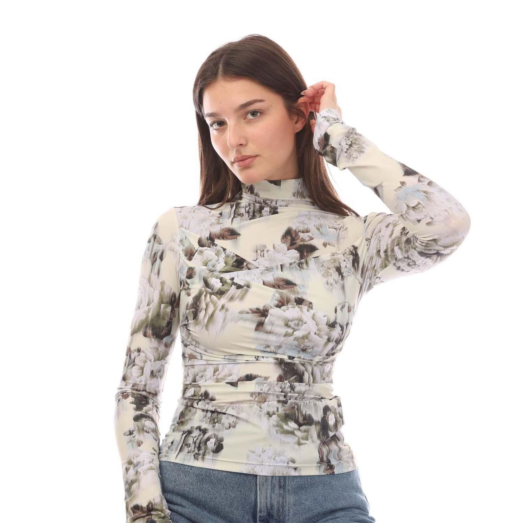 Off White Sec Skin Twist Long Sleeve Top, Chinese Flower Pattern