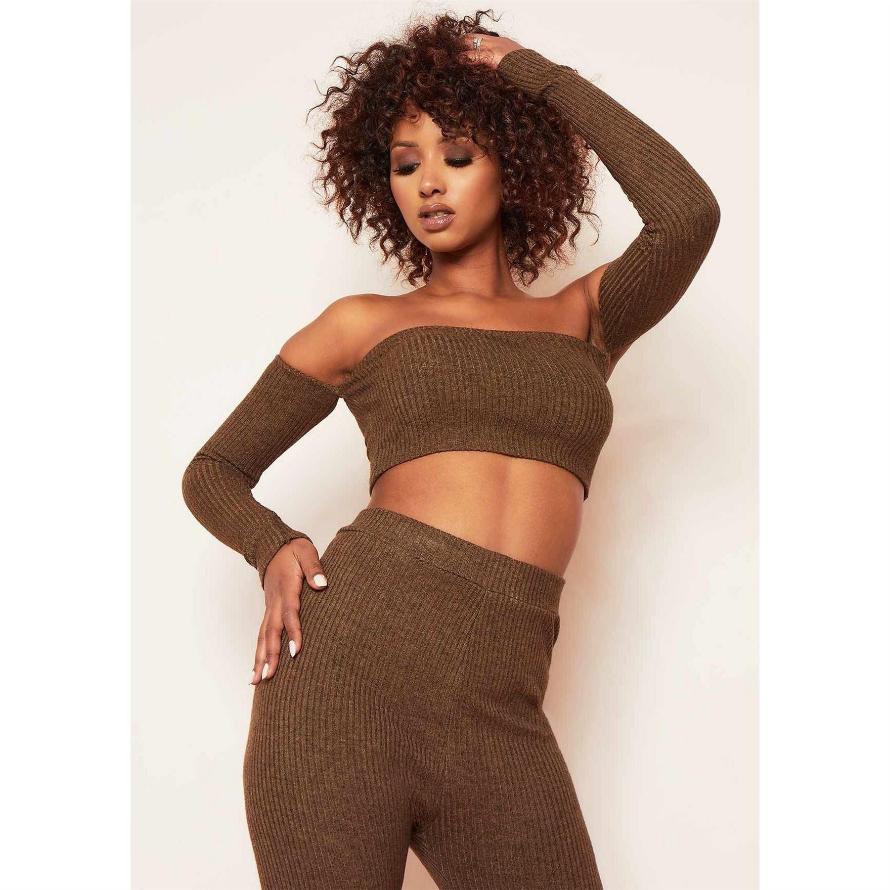 Missy Empire Rib Bardot Long Sleeve Crop Top