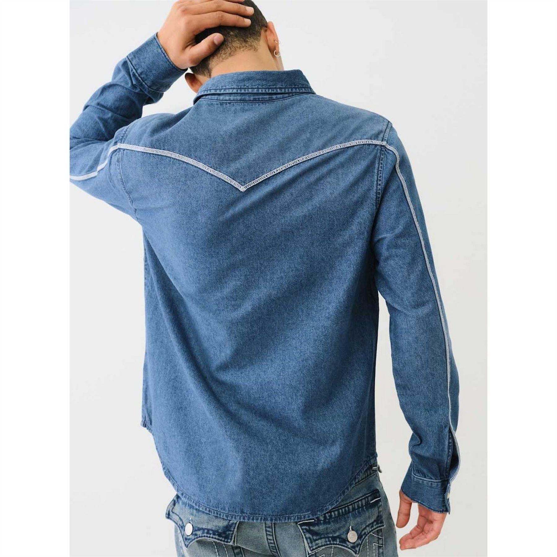 True Religion Mens Chambray Long Sleeve Flannel Shirt