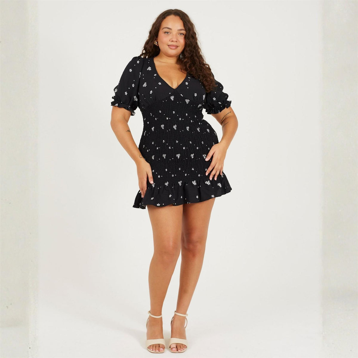 Brave Soul Plus Size Puff Sleeve Mini Dress With Frill Hem
