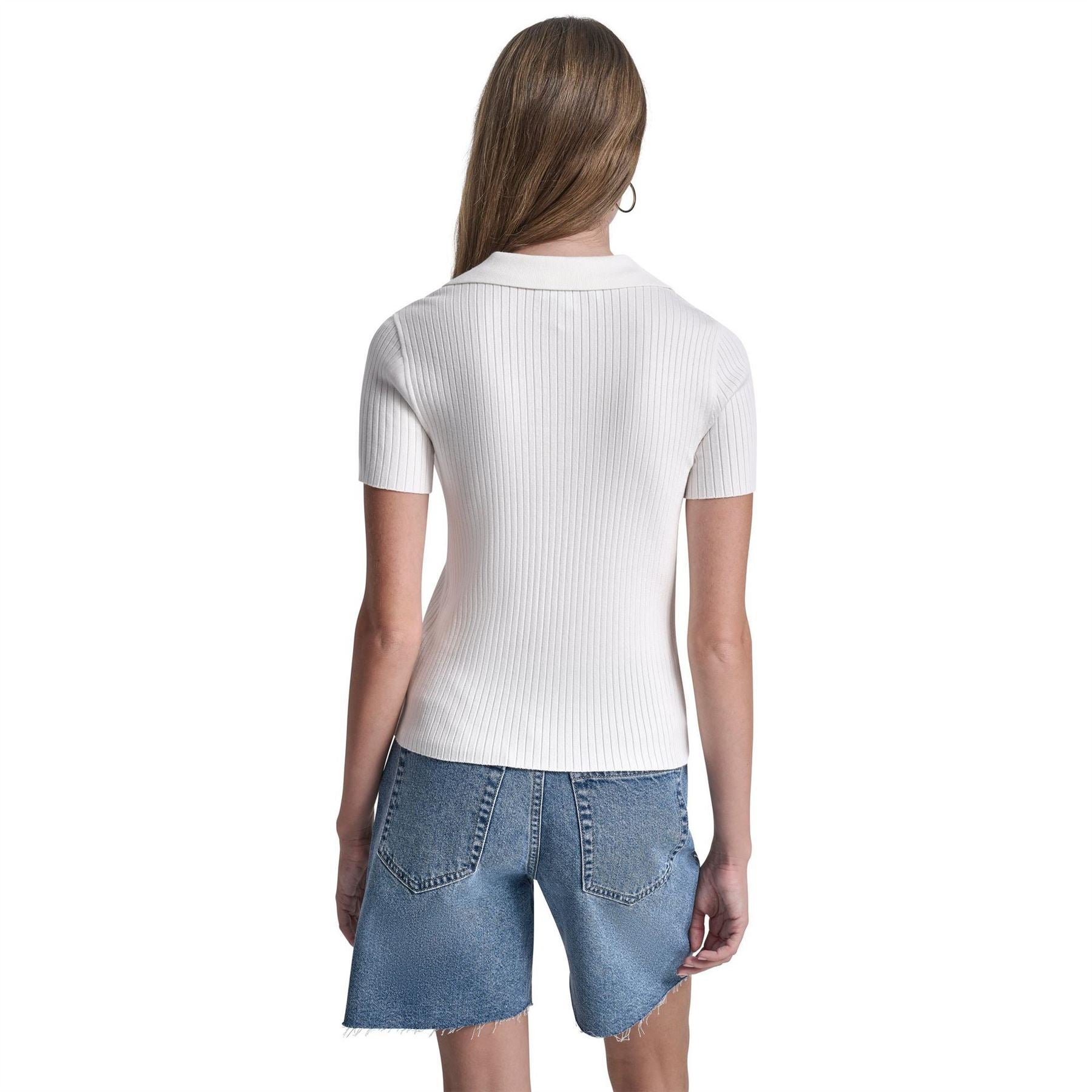 DKNY Jeans Short Sleeve Rib Polo W  Logo Rhinestone Buttons