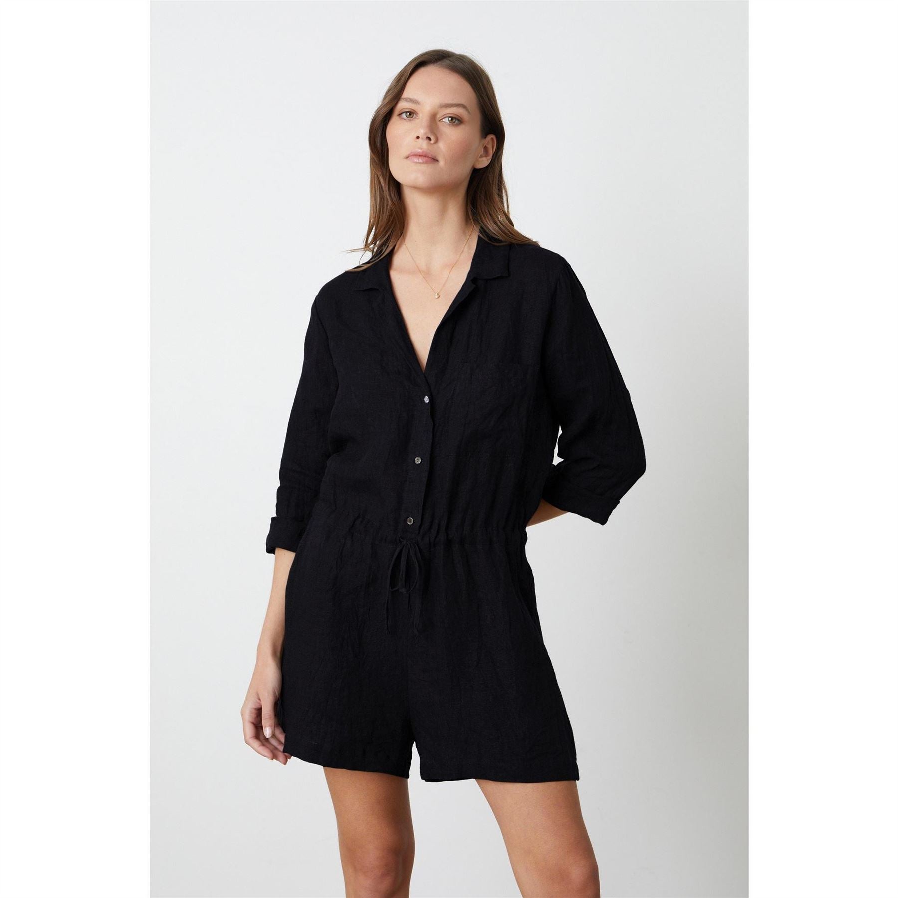 Velvet by Graham and Spencer Collared Neck Three Quarter Sleeve Solid Patterned Playsuit